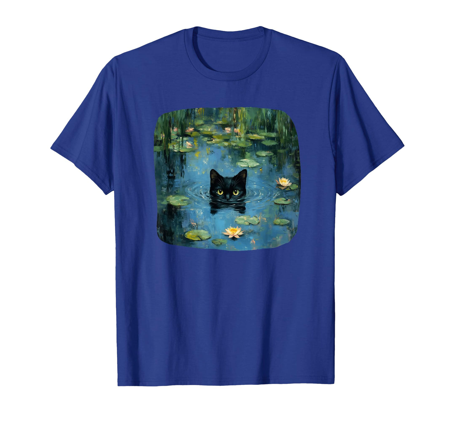 Mystical Black Cat Swimming in Waterlily Pond Art Lover Men Women Kids T-Shirt