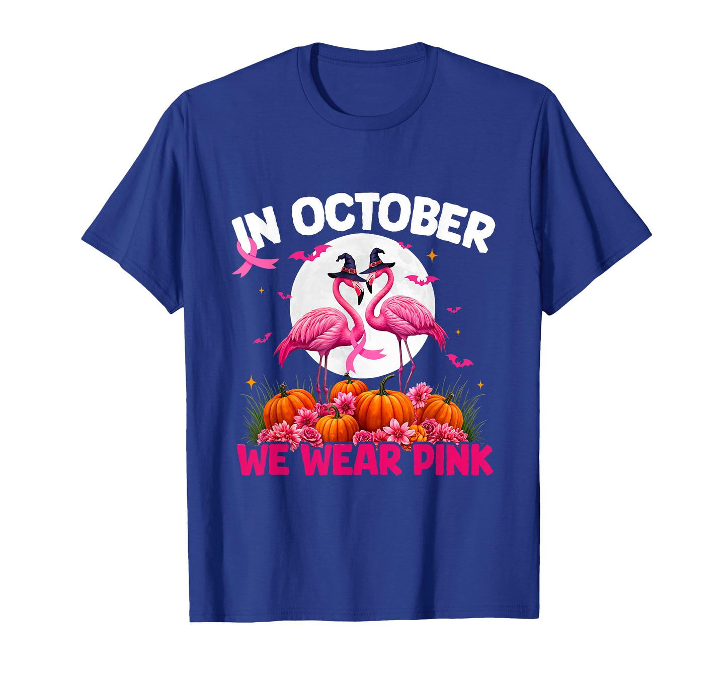 In October We Wear Pink Flamingo Witch Hat Breast Cancer T-Shirt