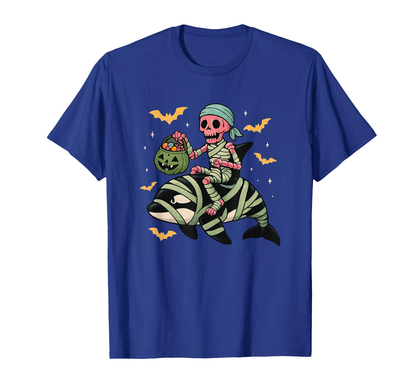 Skeleton Riding Mummy Orca Halloween Candy Whale T-Shirt