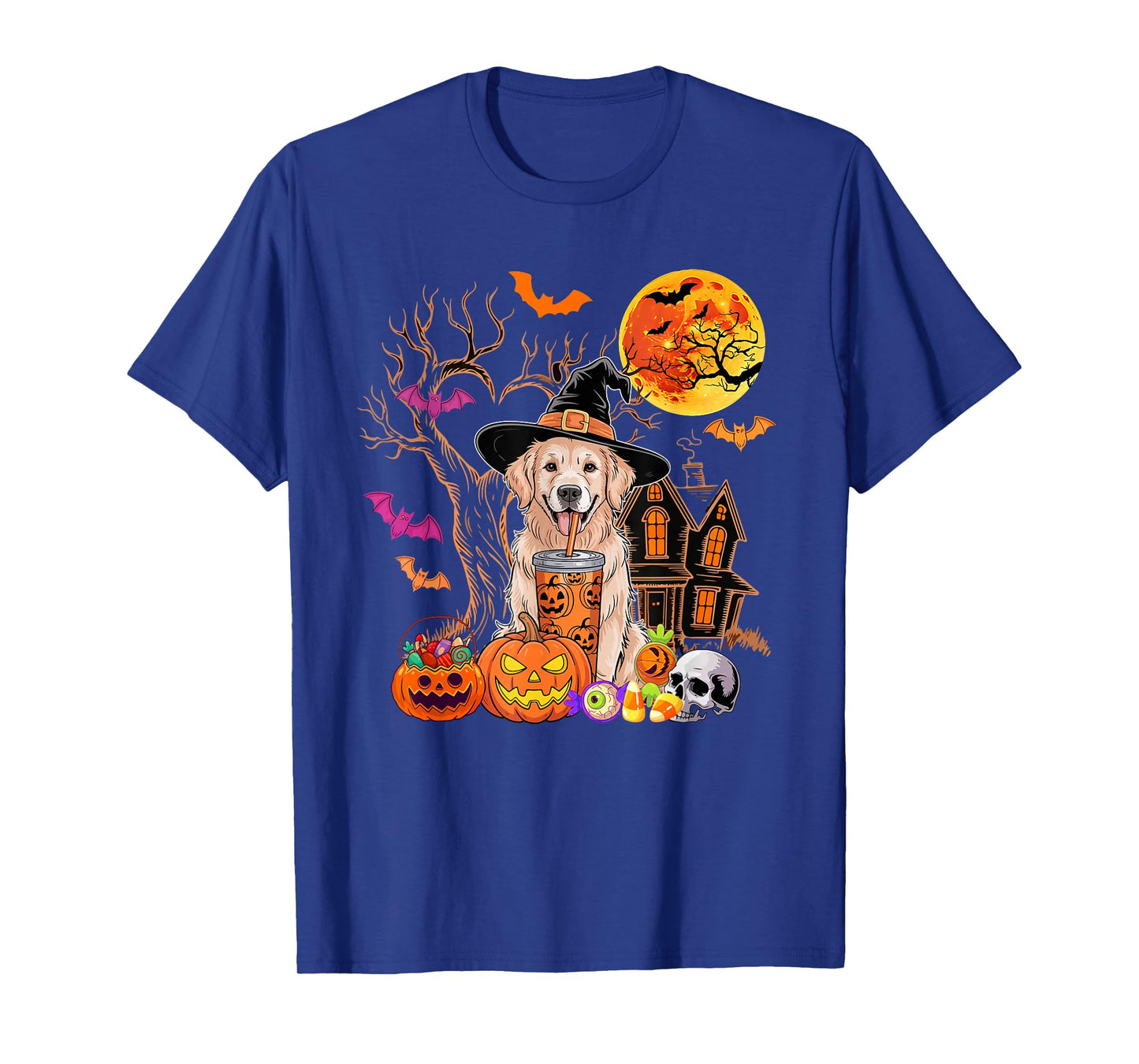 Golden Retriever As Witch Drinking Coffee Halloween Pumpkin T-Shirt
