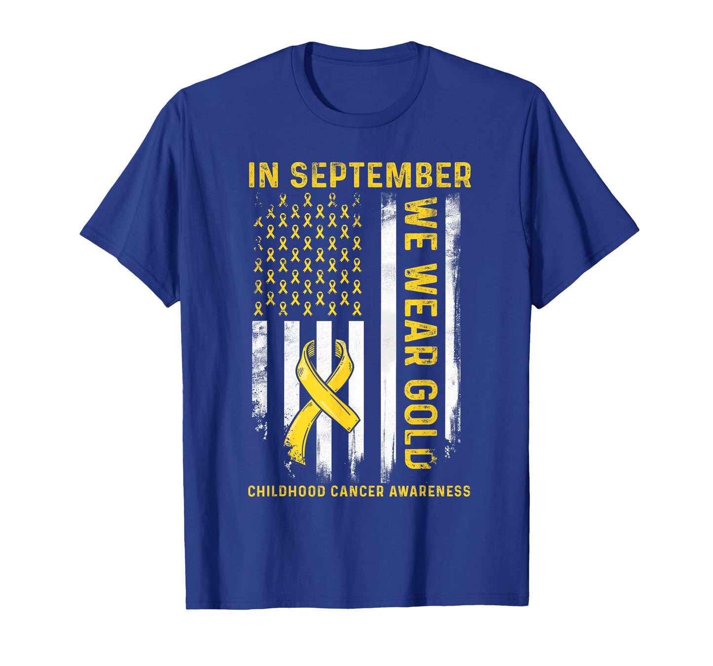 in September We Wear Gold Us Flag Childhood Cancer Awareness T-Shirt