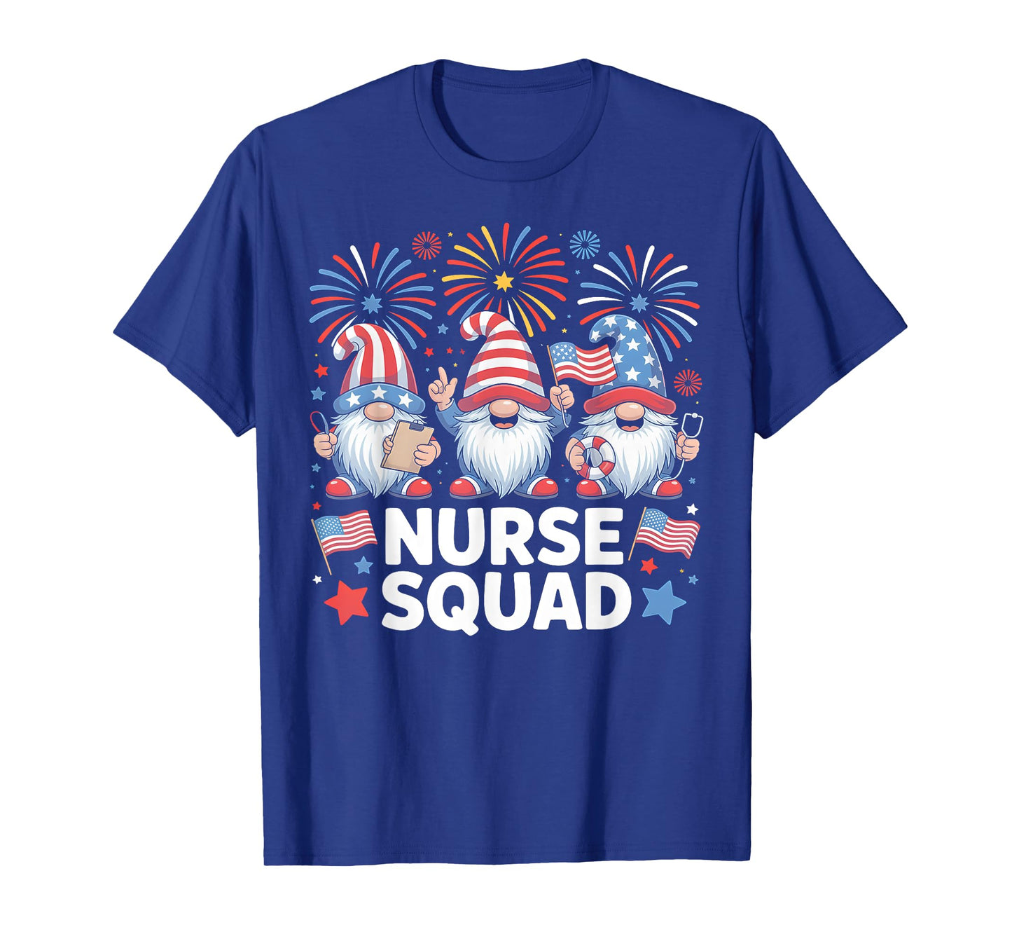 4th of July Patriotic Gnome Nurse Squad Fireworks Design T-Shirt