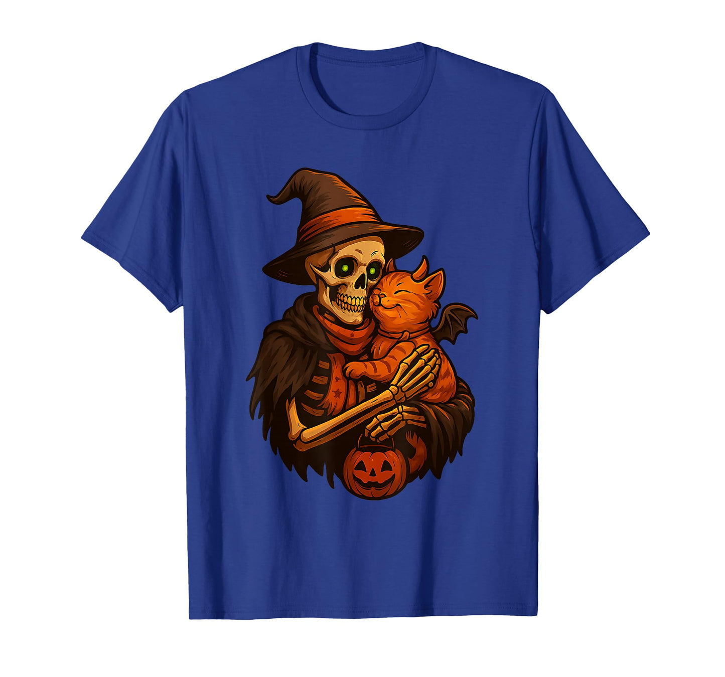 Skeleton Cat Pumpkin Halloween Funny Cute Men Women Lazy T-Shirt