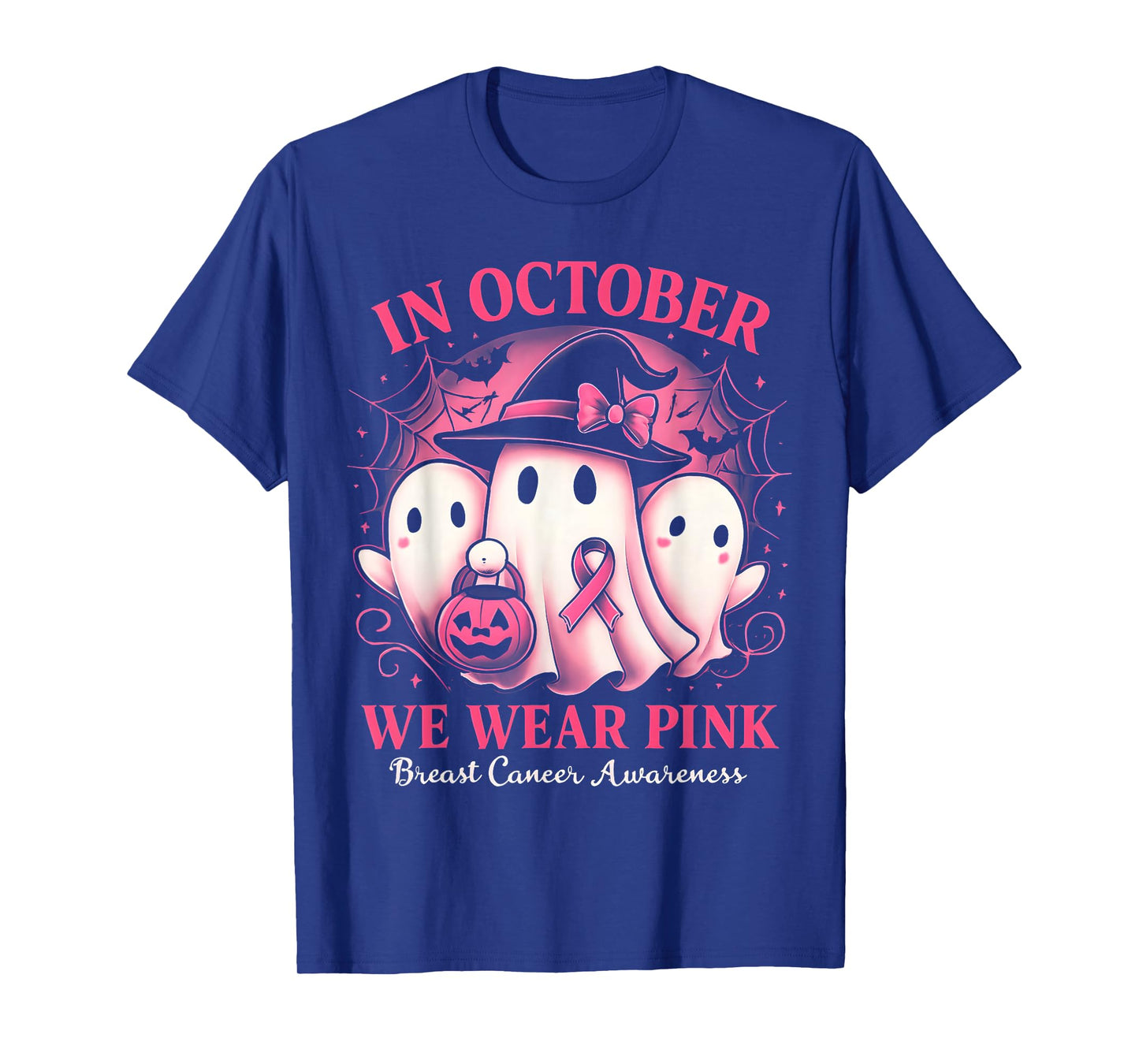 in October We Wear Pink Ghost Halloween Women Breast Cancer T-Shirt
