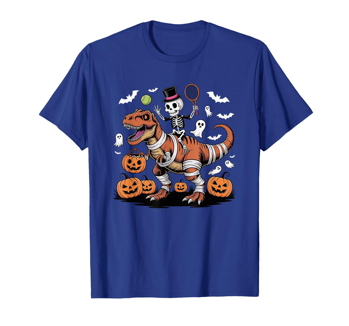Tennis Skeleton Riding Mummy Dinosaur T-Rex Halloween Boys T-Shirt