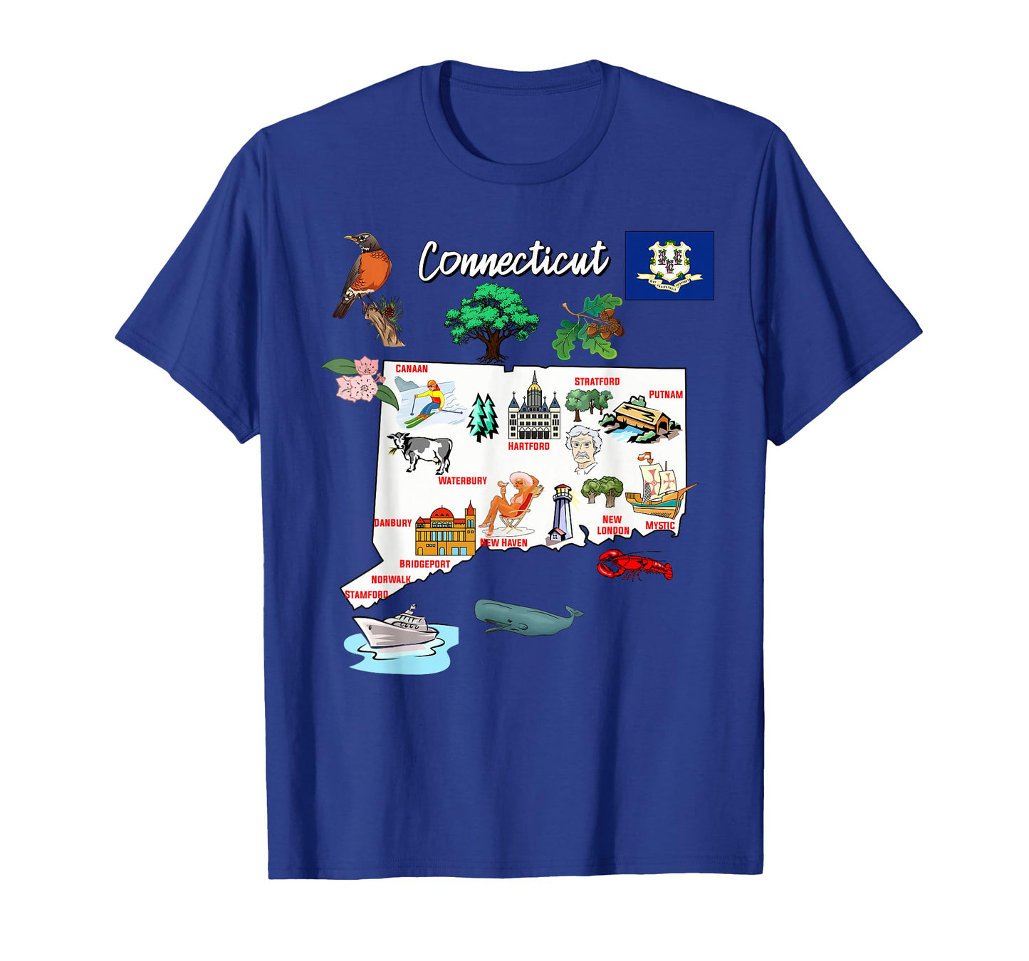 Illustrated map of Connecticut in the USA, cities T-Shirt