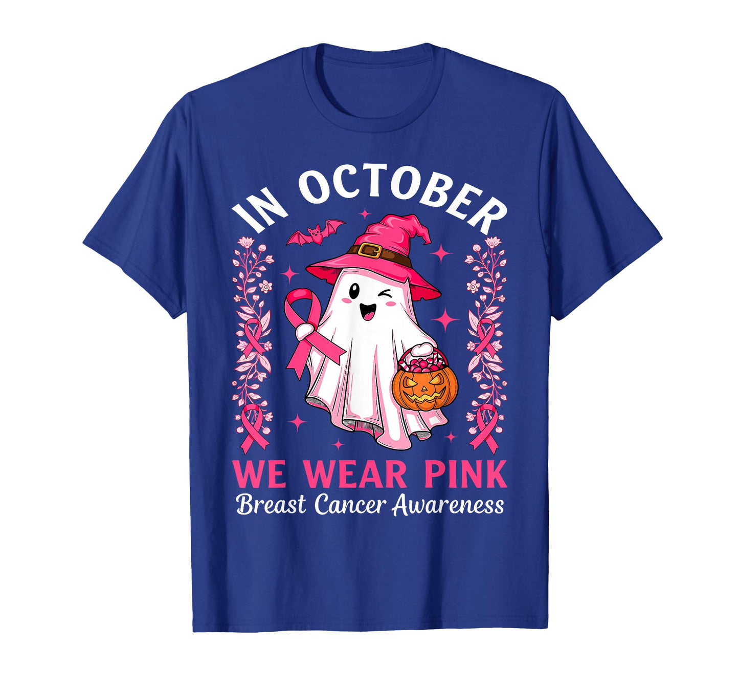 in October We Wear Pink Ghost Witch Breast Cancer Awareness T-Shirt