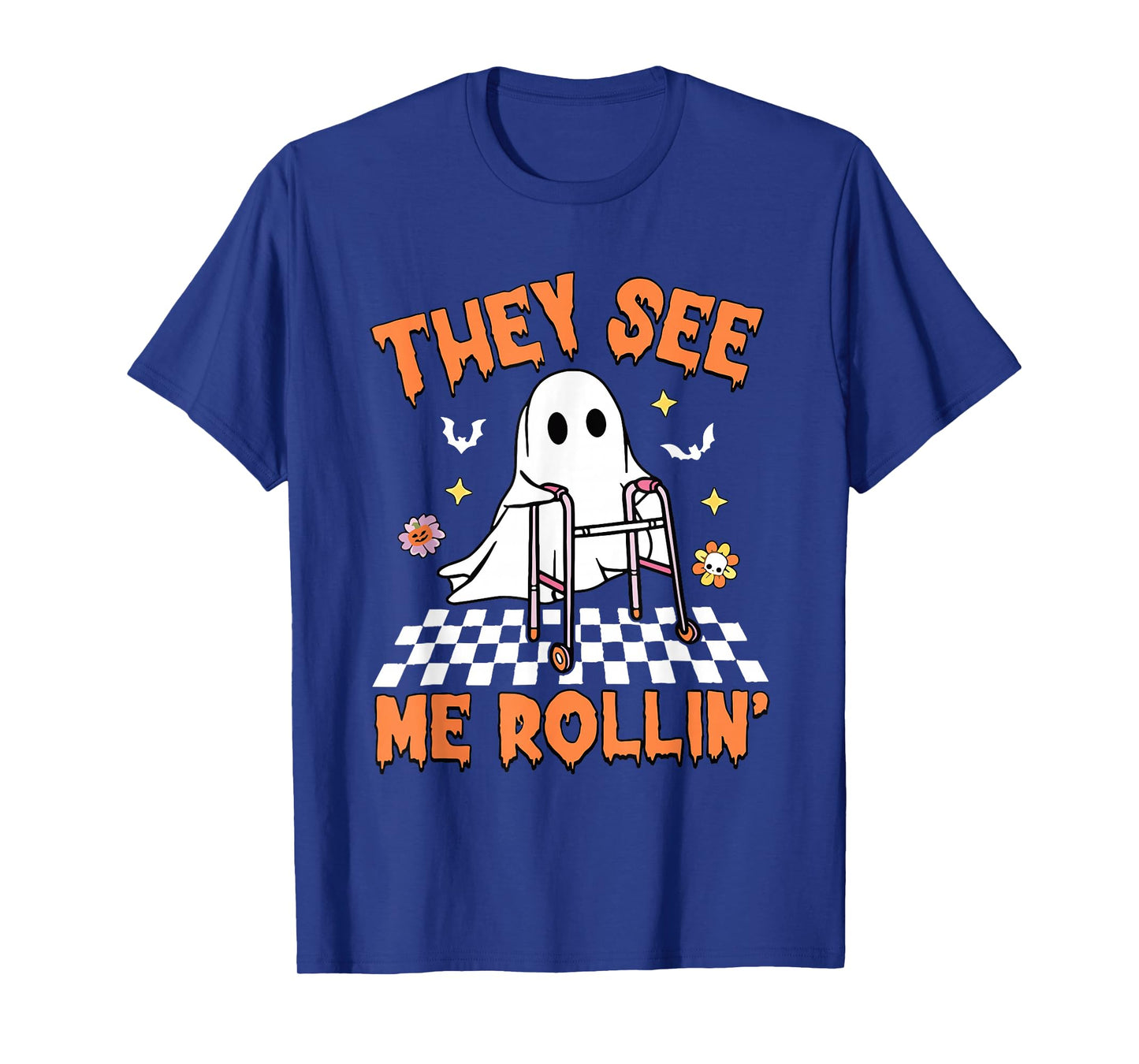 They See Me Rollin' Halloween Checkered Floral Ghost Therapy T-Shirt