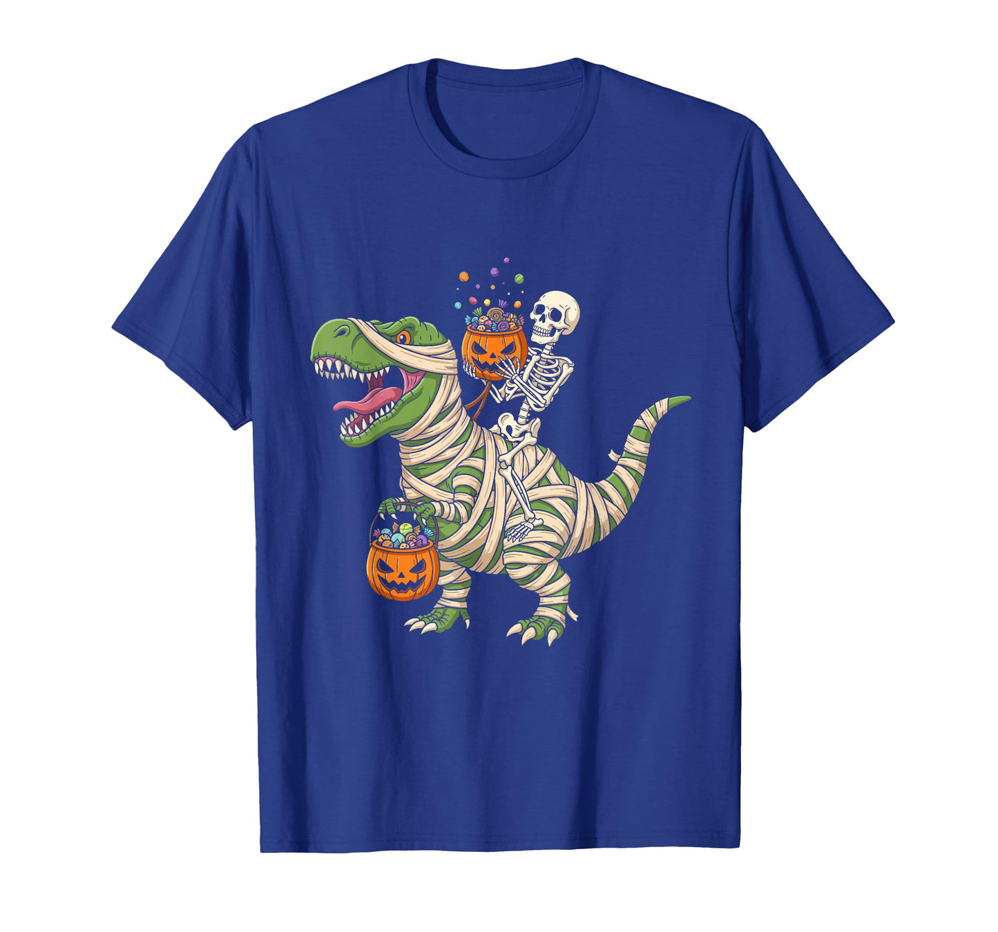 Skeleton Riding Mummy Dinosaur T-Rex Funny Halloween Pumpkin T-Shirt