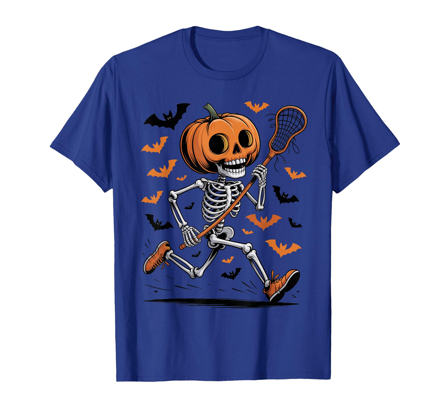 Funny Creepy Pumpkin Skeleton Playing Lacrosse Halloween T-Shirt