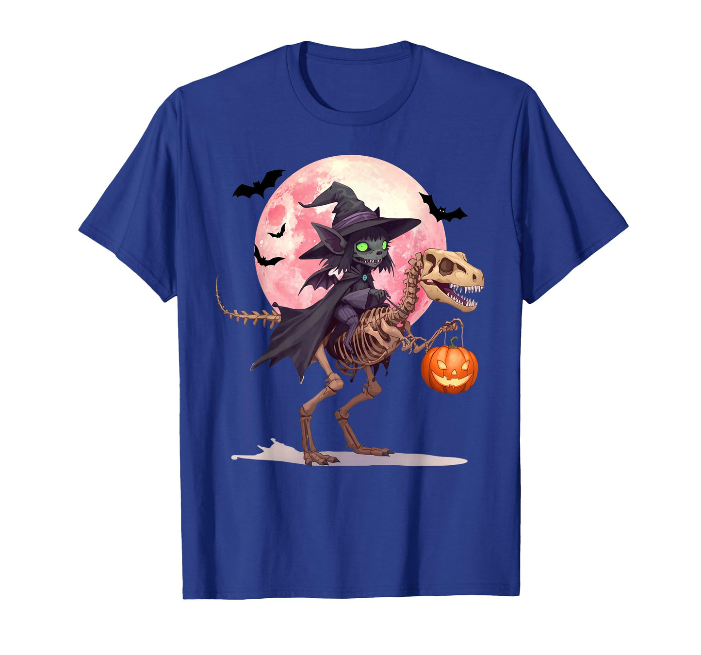 Hellish Bat Cat Riding Skeleton Velociraptor Halloween T-Shirt