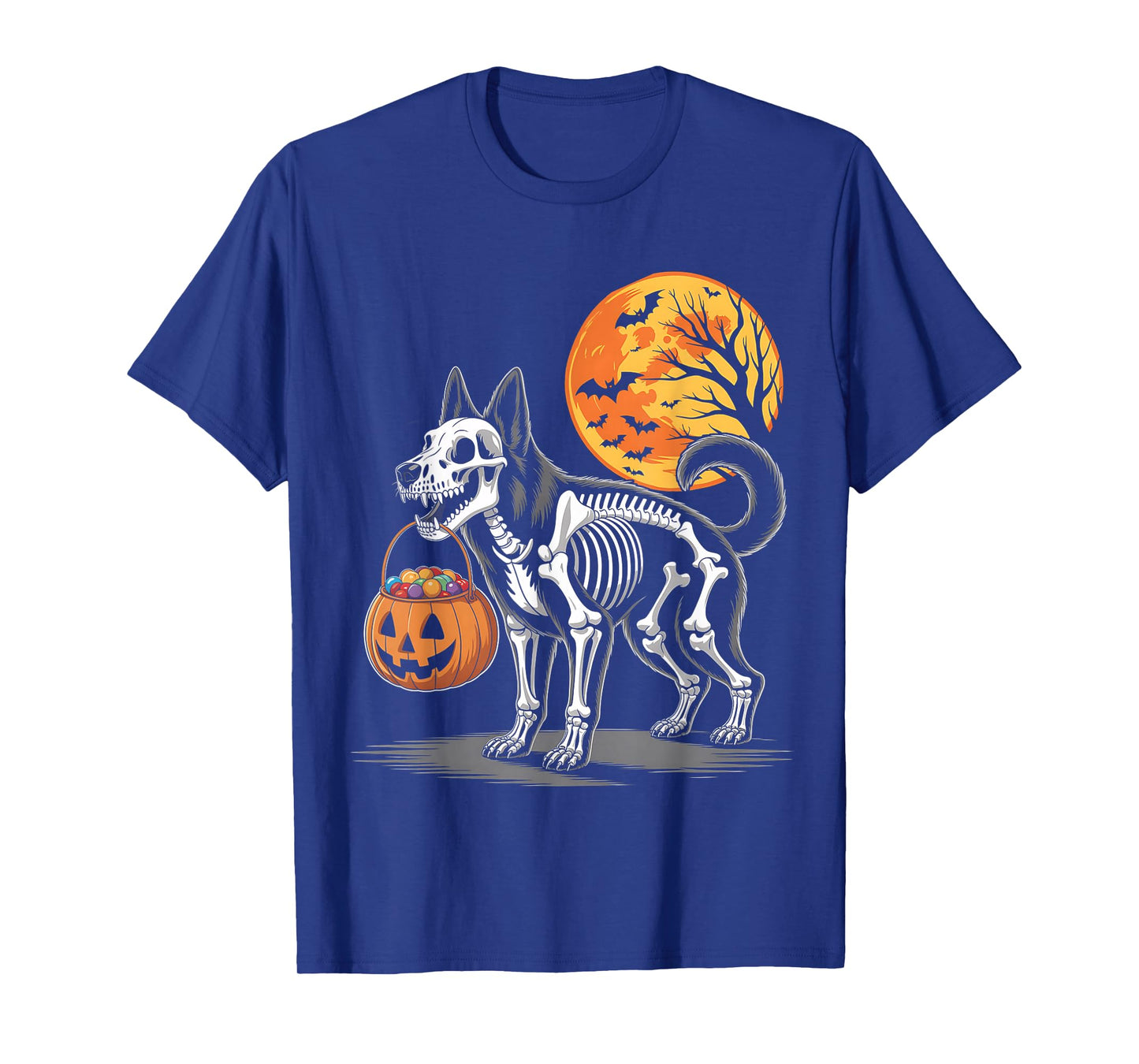 German Shepherd Dog Skeleton Scary Pumpkin Moon Halloween T-Shirt