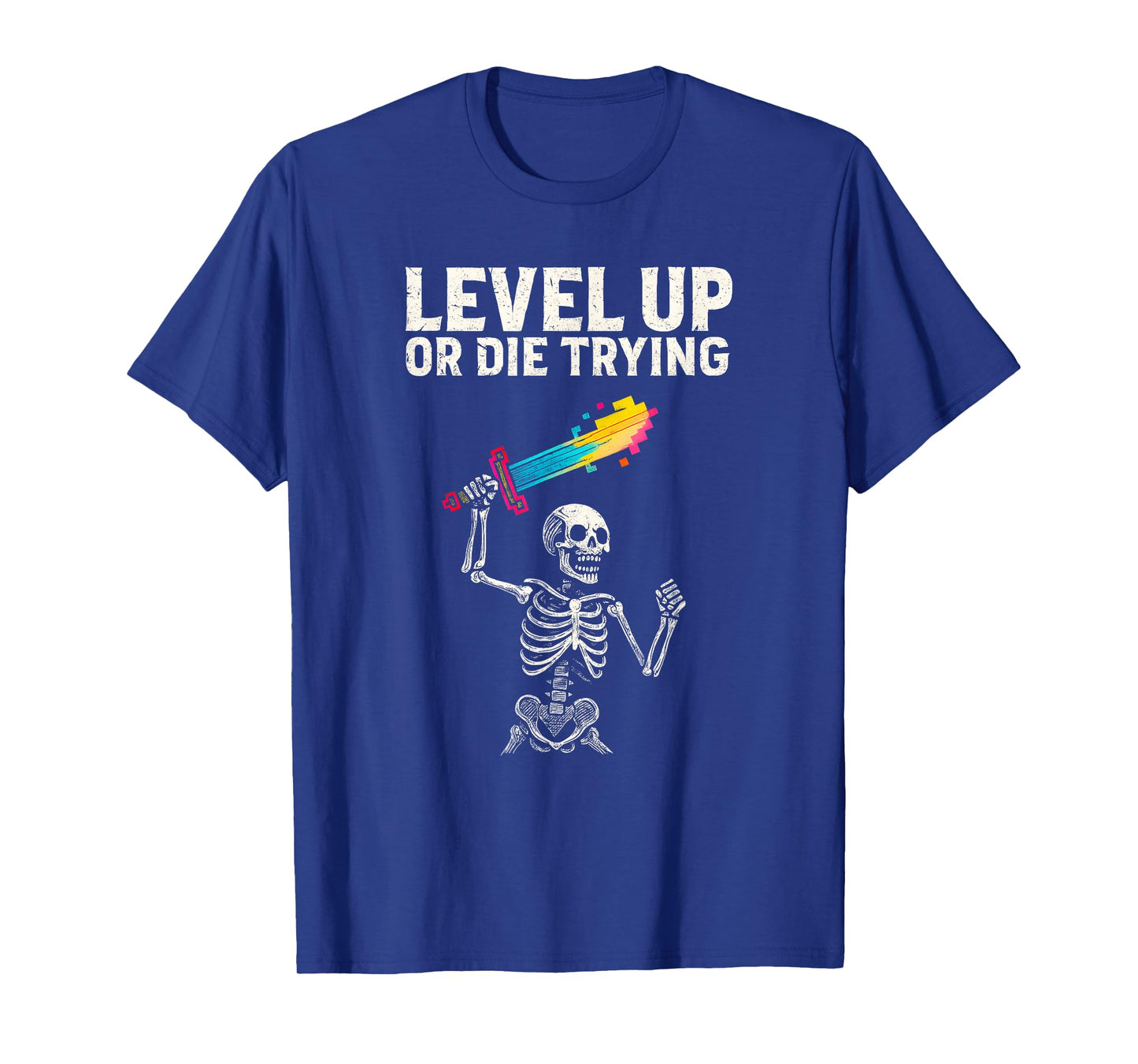 Motivation Gamer Skeleton Holding A Colorful Pixelated Sword T-Shirt