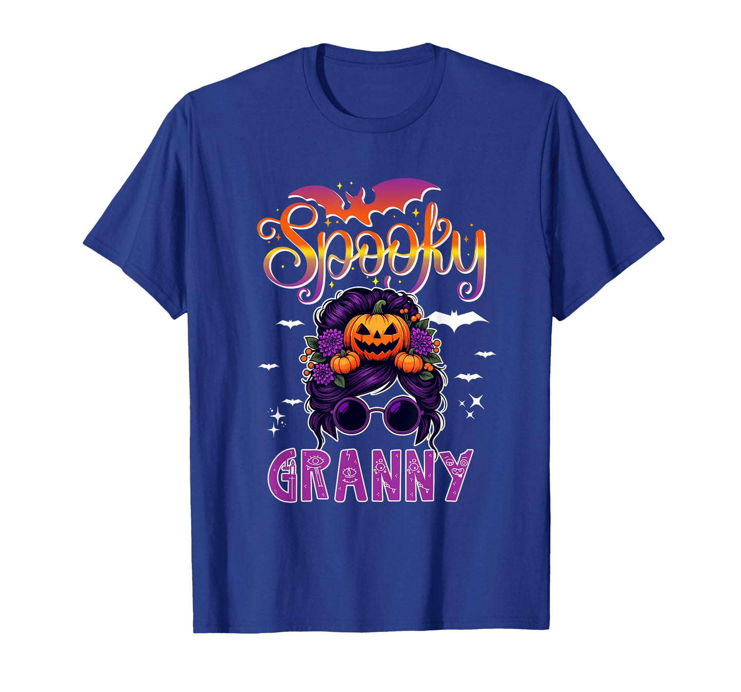 Spooky Halloween Granny Women Messy Bun Hair Sunglasses T-Shirt