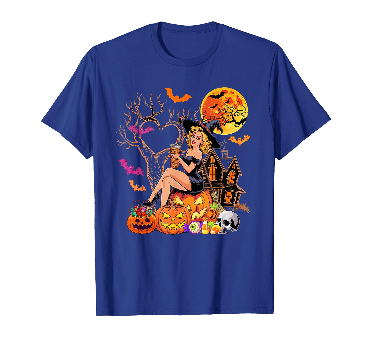 Witch Drinking Coffee Halloween Carved Pumpkin Funny Parties T-Shirt