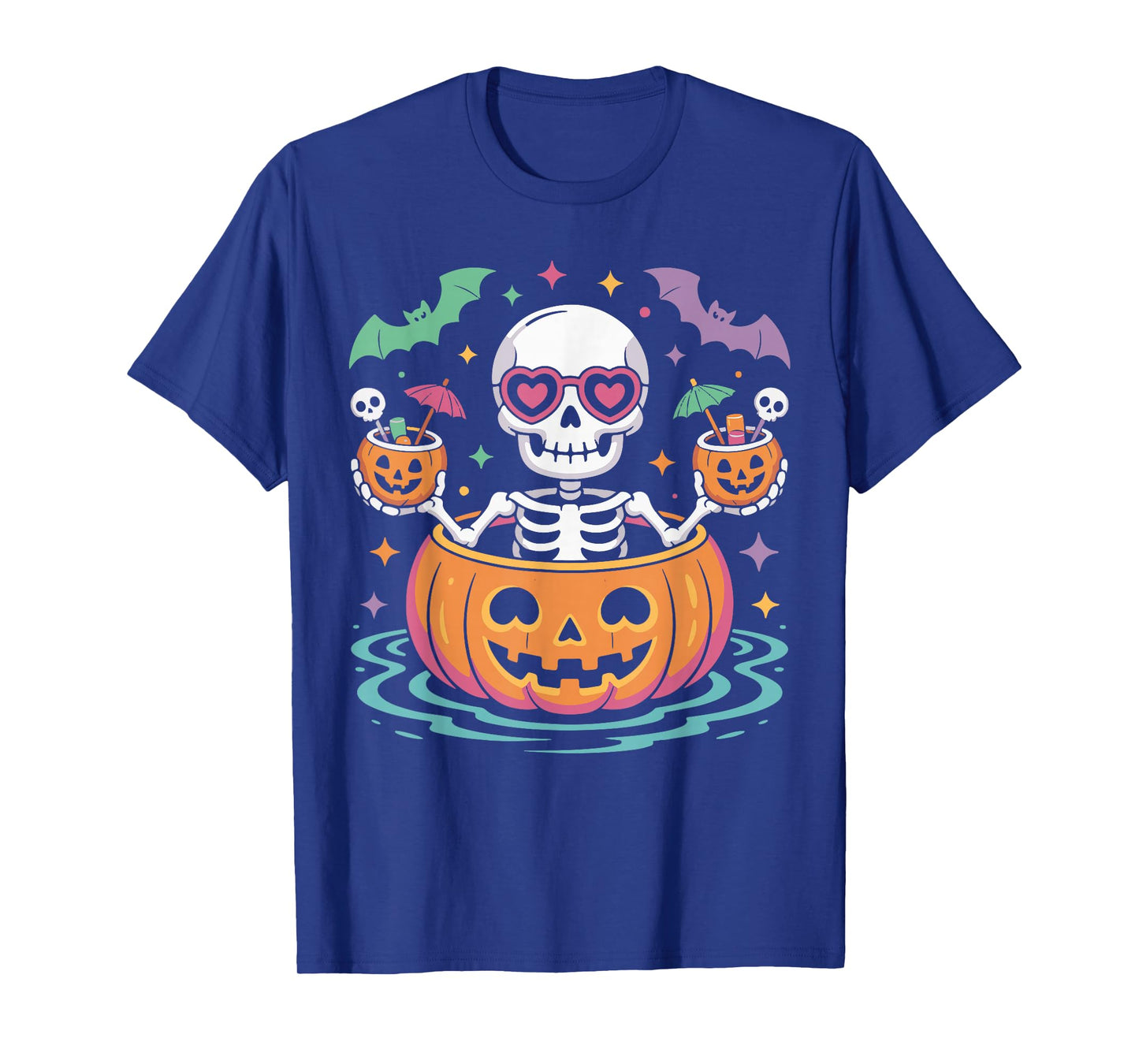 Spooky Skeleton Floating in Pumpkin Pool Float Halloween T-Shirt