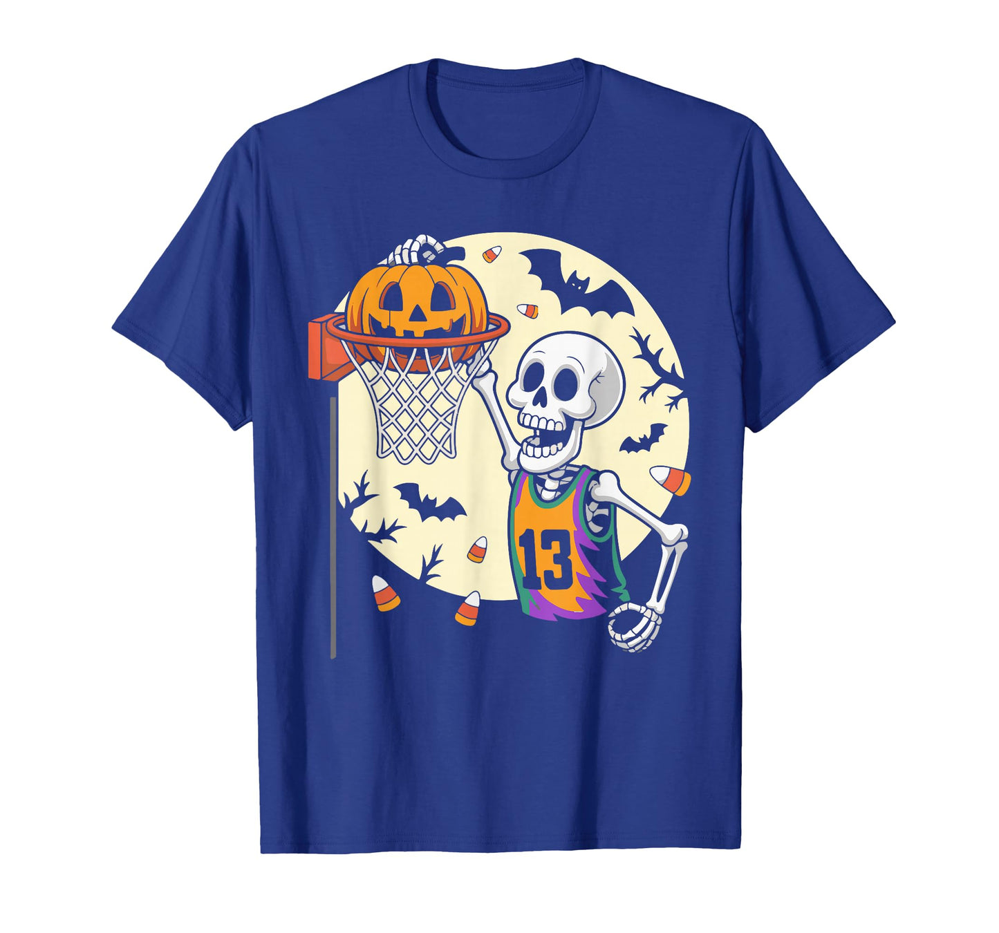Skeleton Slam Dunk Halloween Moon Bats Candy Corn Men Boys T-Shirt