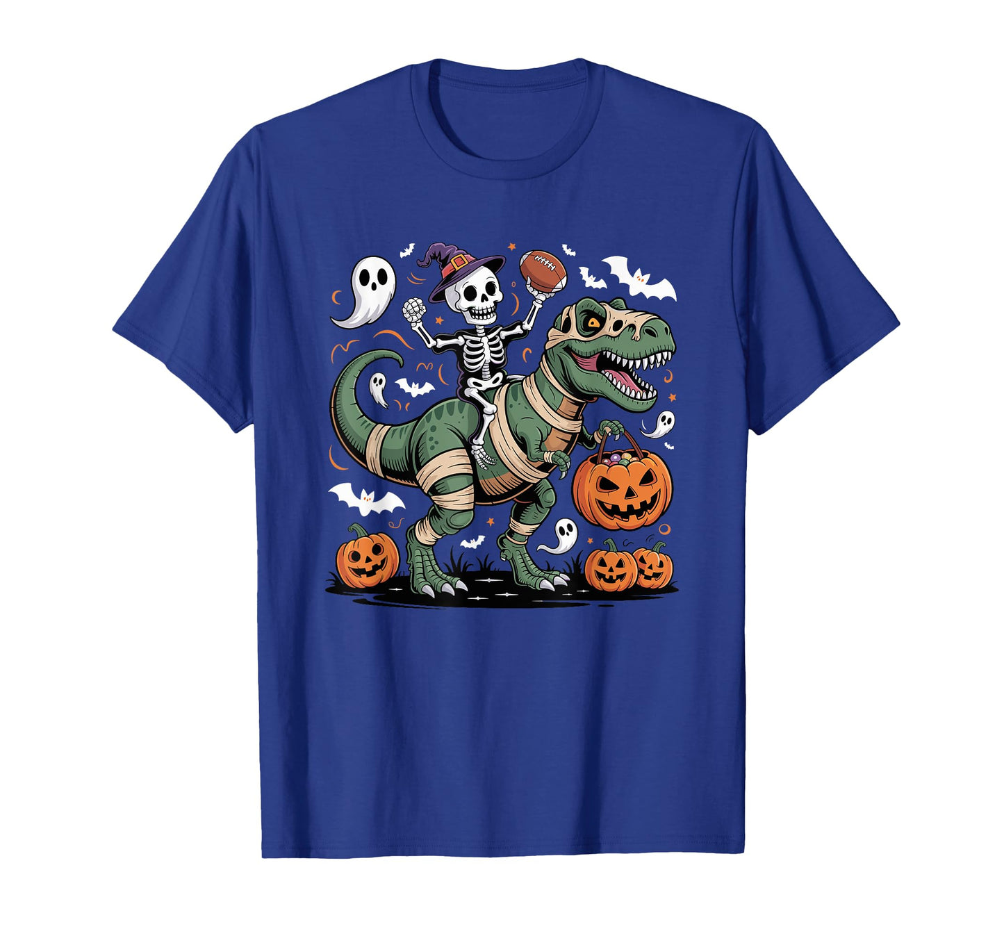Football Skeleton Riding Mummy Dinosaur T-Rex Halloween Boys T-Shirt