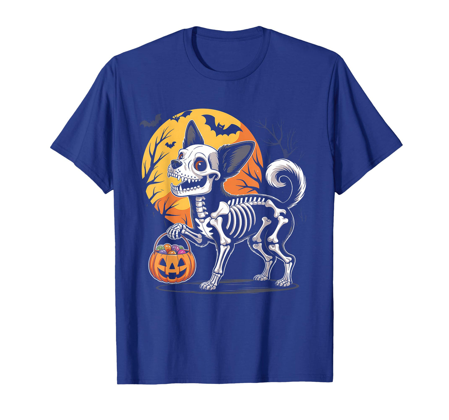 Funny Chihuahua Dog Skeleton Scary Pumpkin Moon Halloween T-Shirt
