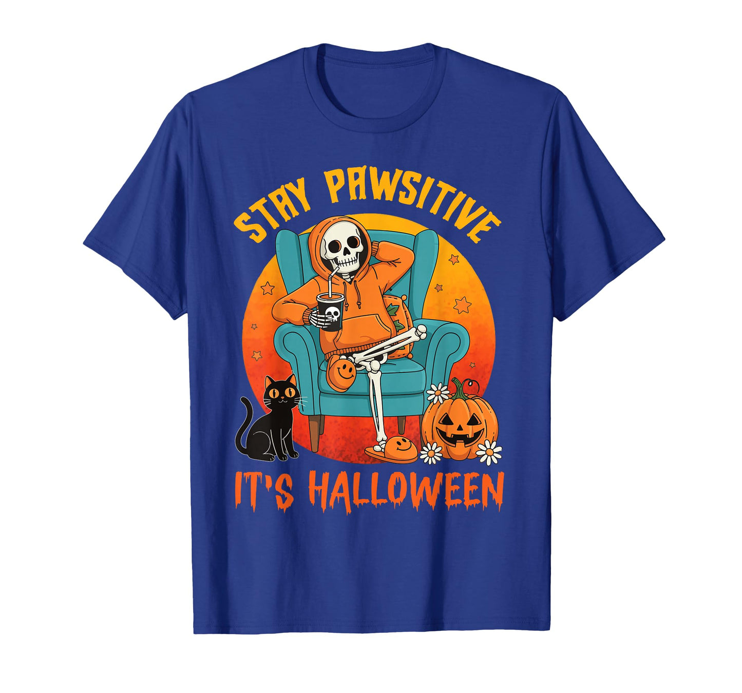 Stay Pawsitive, it’s Halloween Black Cat Paw Spooky Skeleton T-Shirt