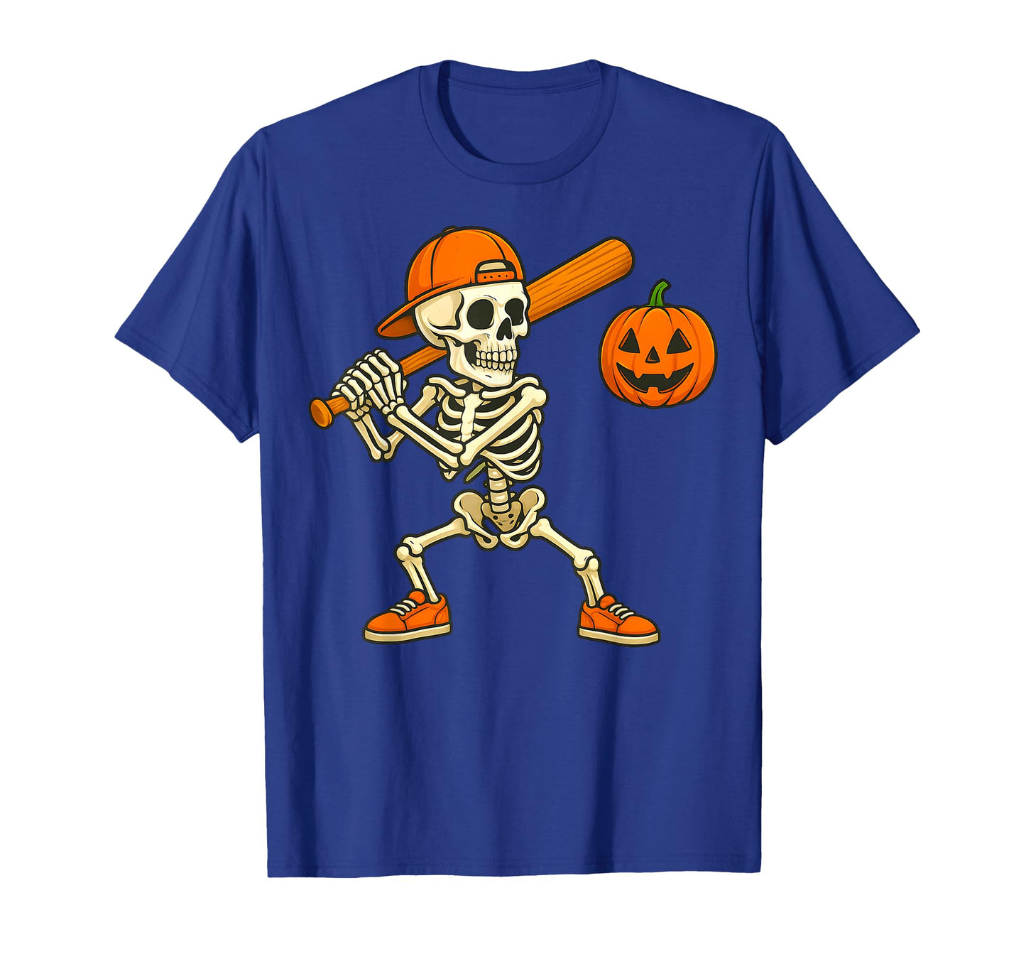 Funny Skeleton Batting Pumpkin Baseball Halloween Costume T-Shirt