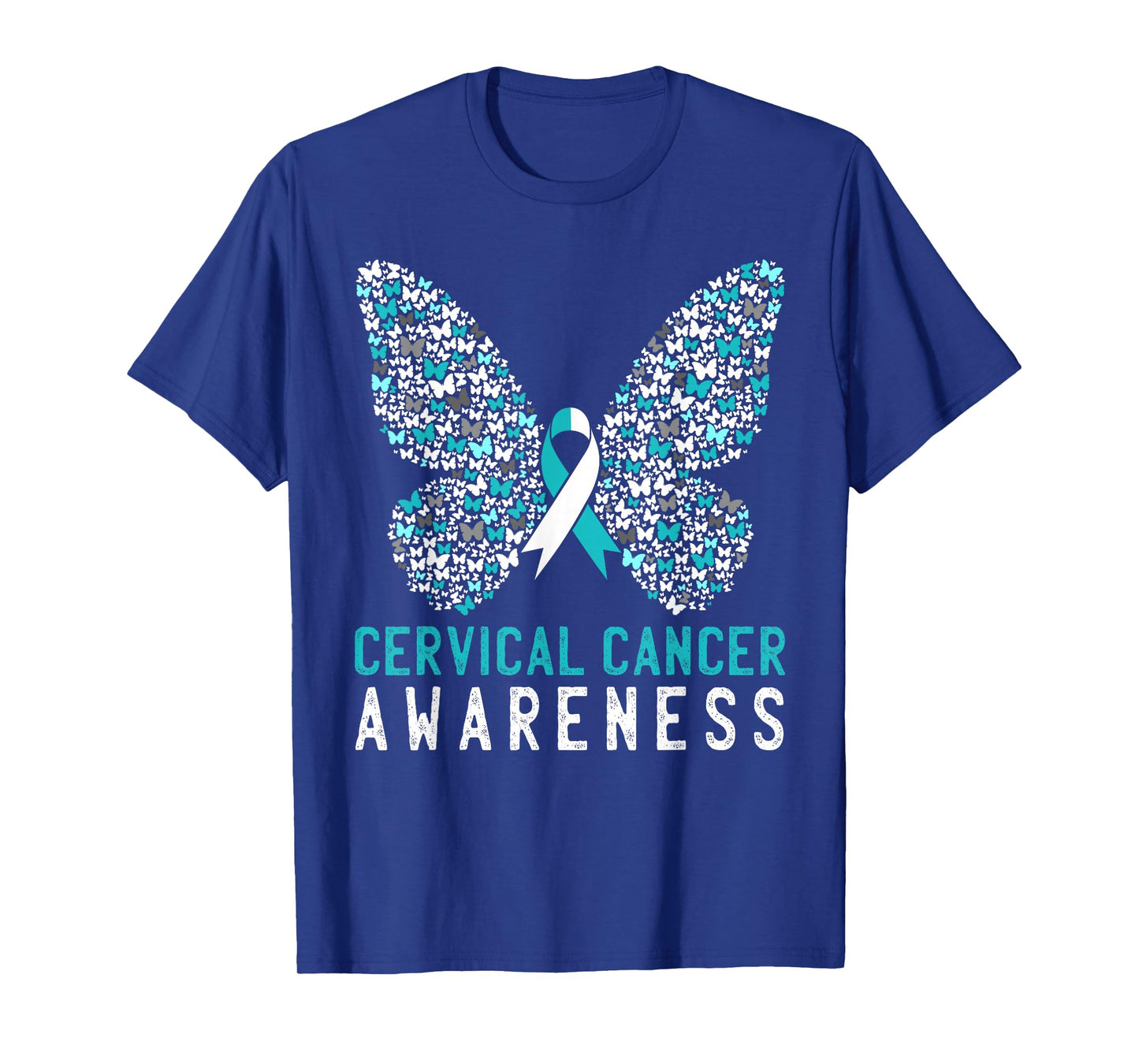 Butterfly Cervical Cancer Awareness Month White Teal Ribbon T-Shirt