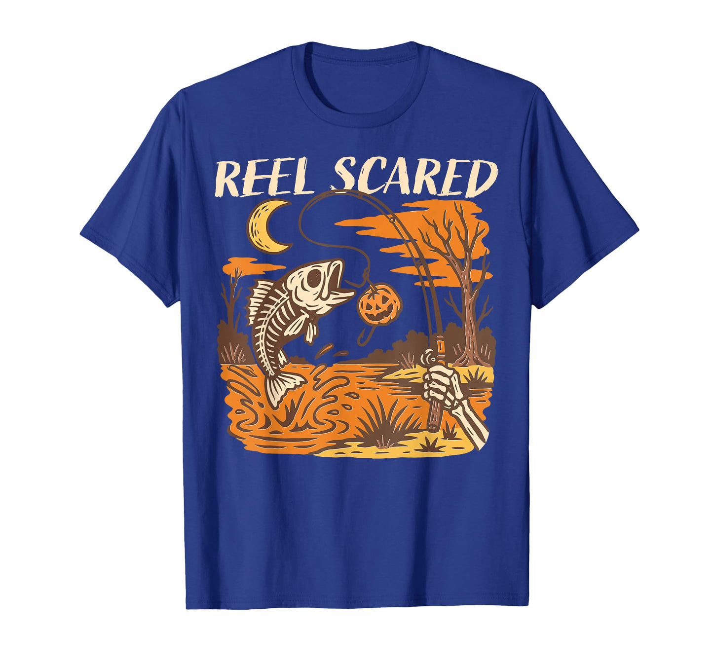 Reel Scared Halloween Fall Fishing Funny Skeleton Fisherman T-Shirt
