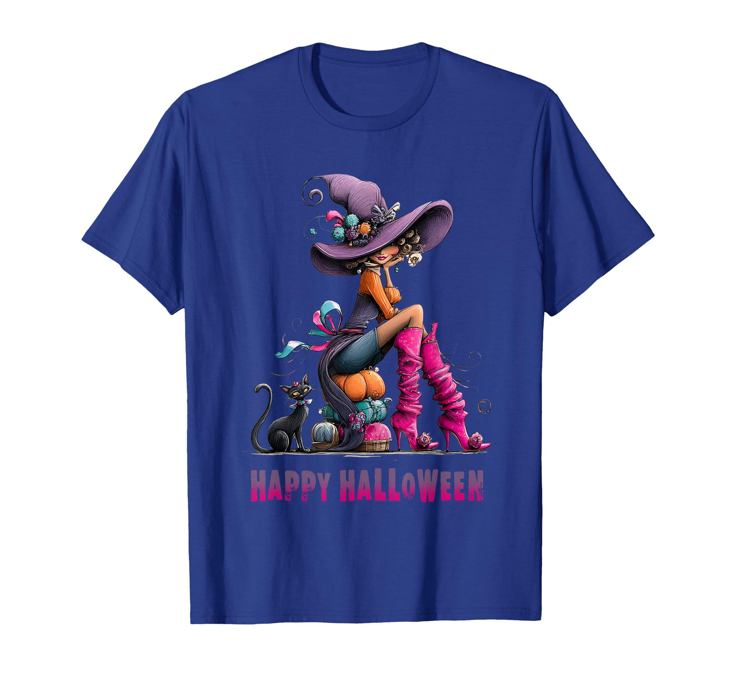 Spooky Witch High Heels with Black Cat Halloween Pumpkin T-Shirt