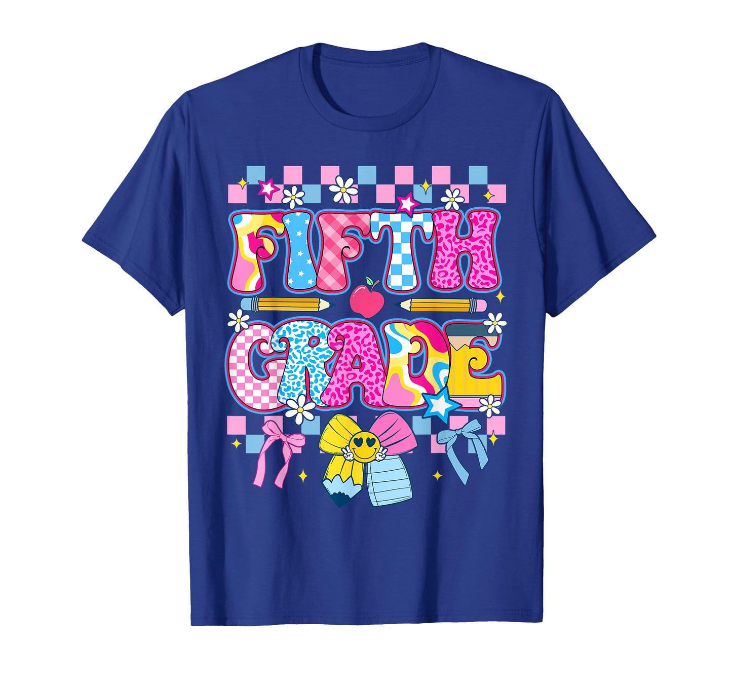 First Day Of Fifth Grade Back To School Checkered Bow Girls T-Shirt