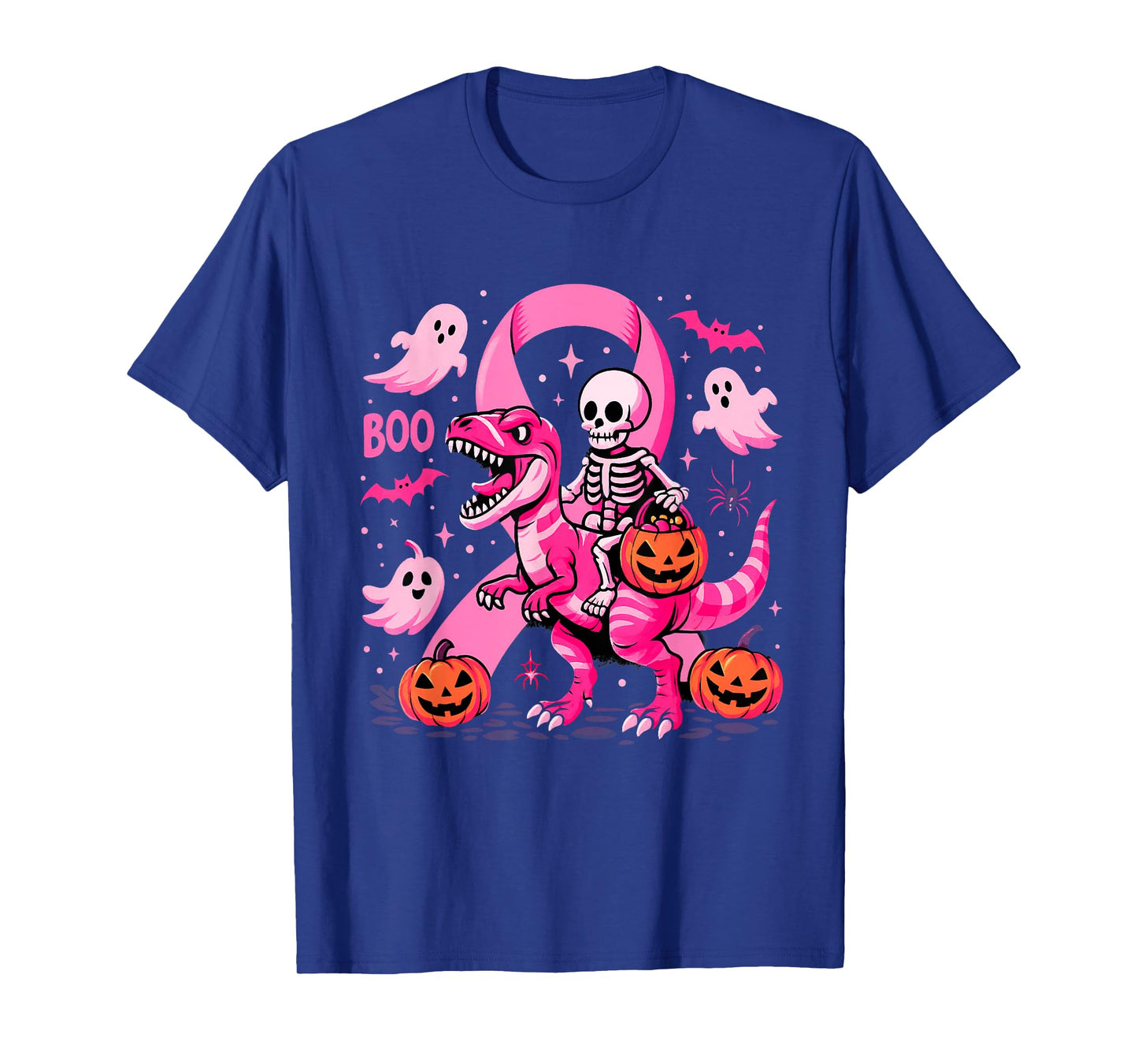 Skeleton Riding T Rex Dinosaur Boo Ghost Pink Breast Cancer T-Shirt