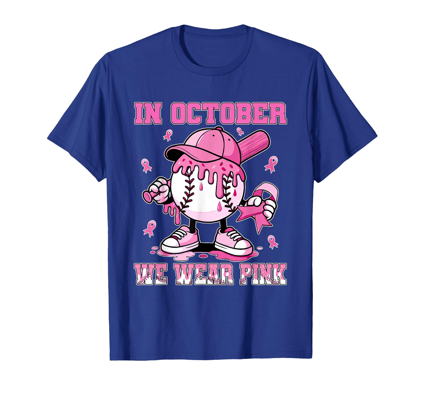 in October We Wear Pink Baseball Drip Breast Cancer T-Shirt
