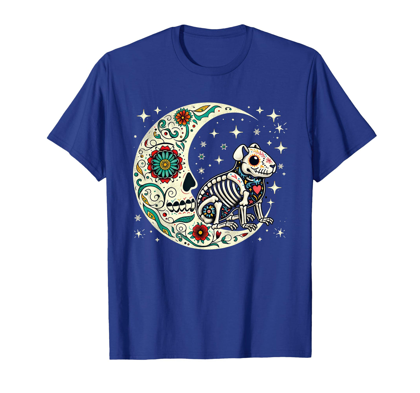 Dia De Los Muertos Halloween Moon Floral Skeleton Guinea Pig T-Shirt
