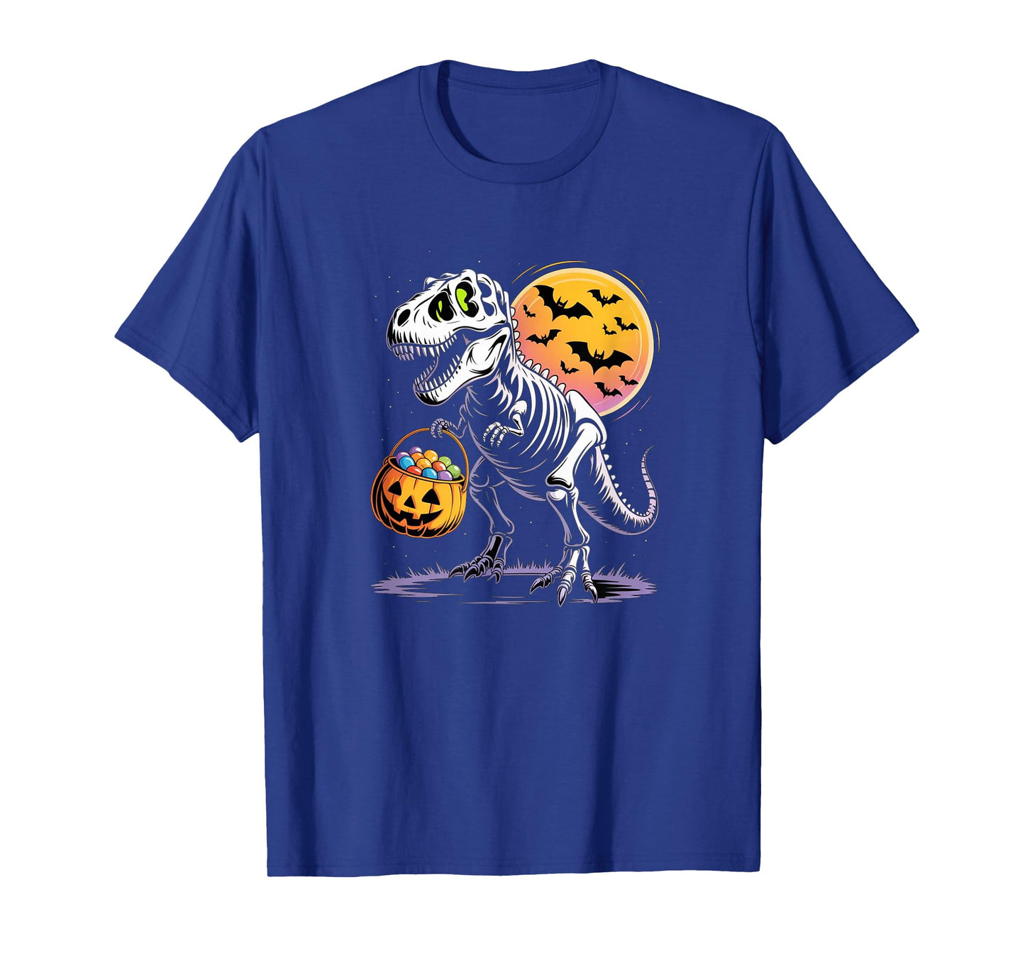 T-Rex Skeleton Haloween Night Pumpkin Bucket Bats Moon Fun T-Shirt
