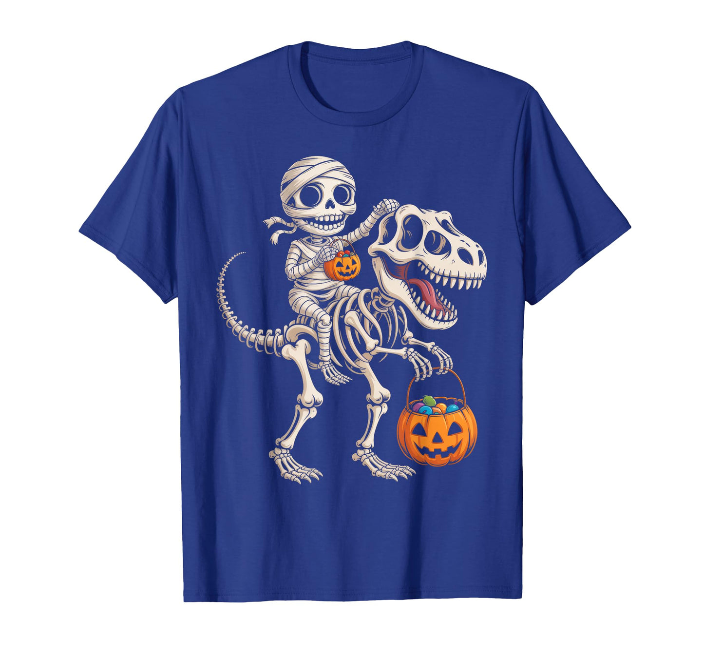 Mummy Skeleton Riding Dinosaur T Rex Kids Boys Men Halloween T-Shirt
