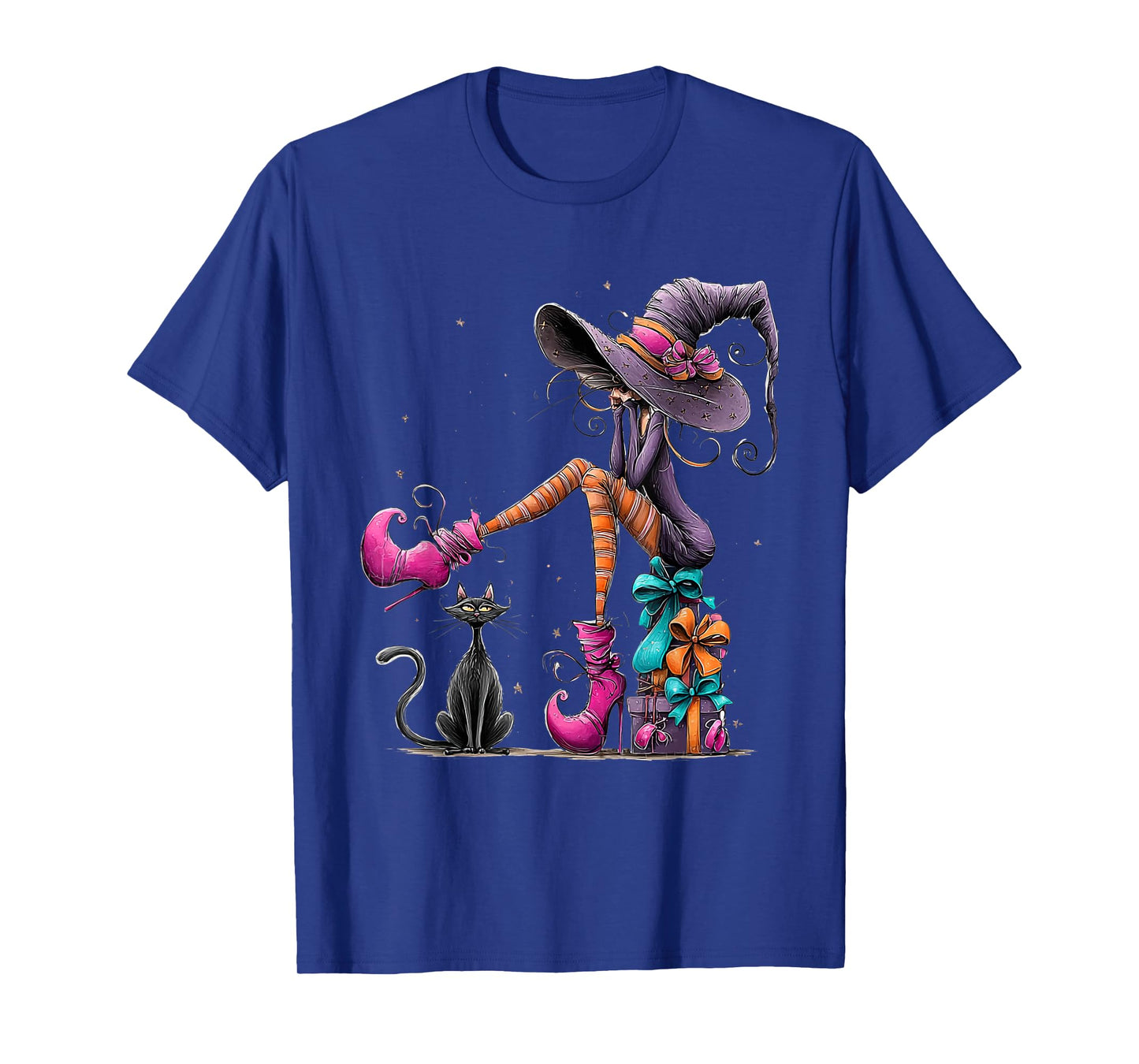 Spooky Witch High Heels with Black Cat Halloween Pumpkin T-Shirt