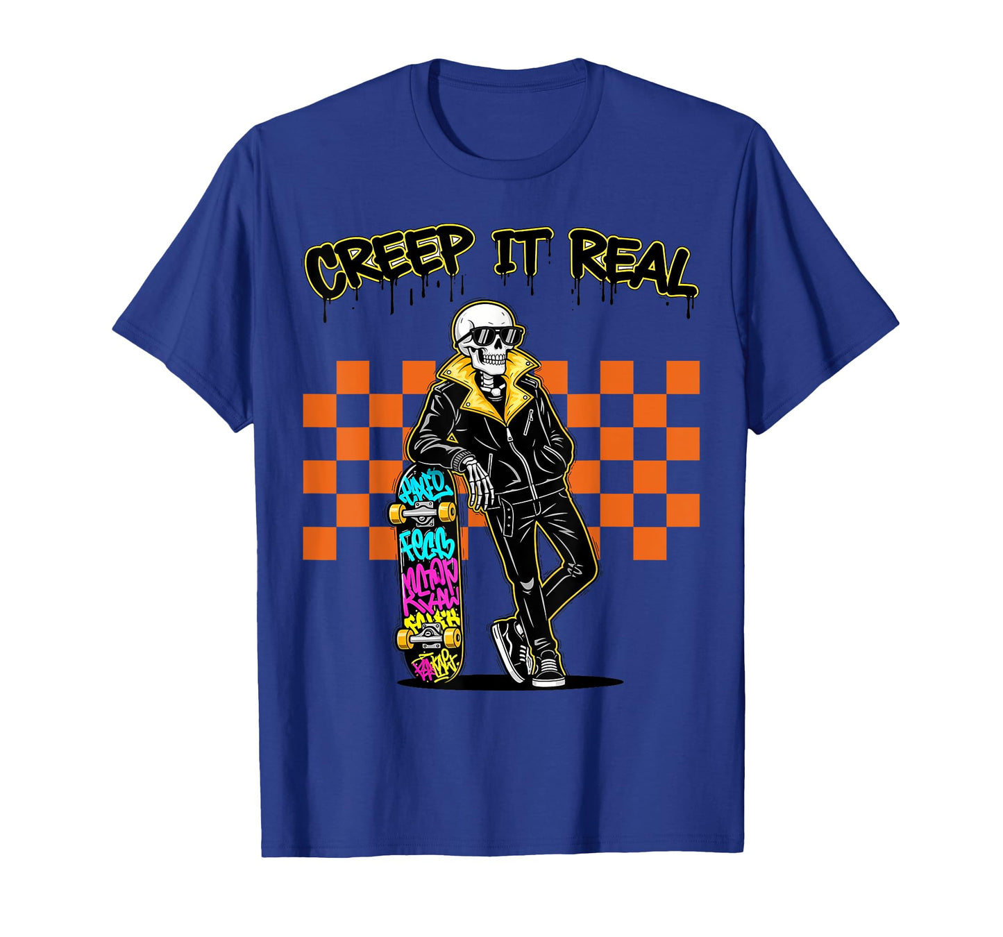 Creep It Real Spooky Ghost Skeleton Skateboarder Halloween T-Shirt