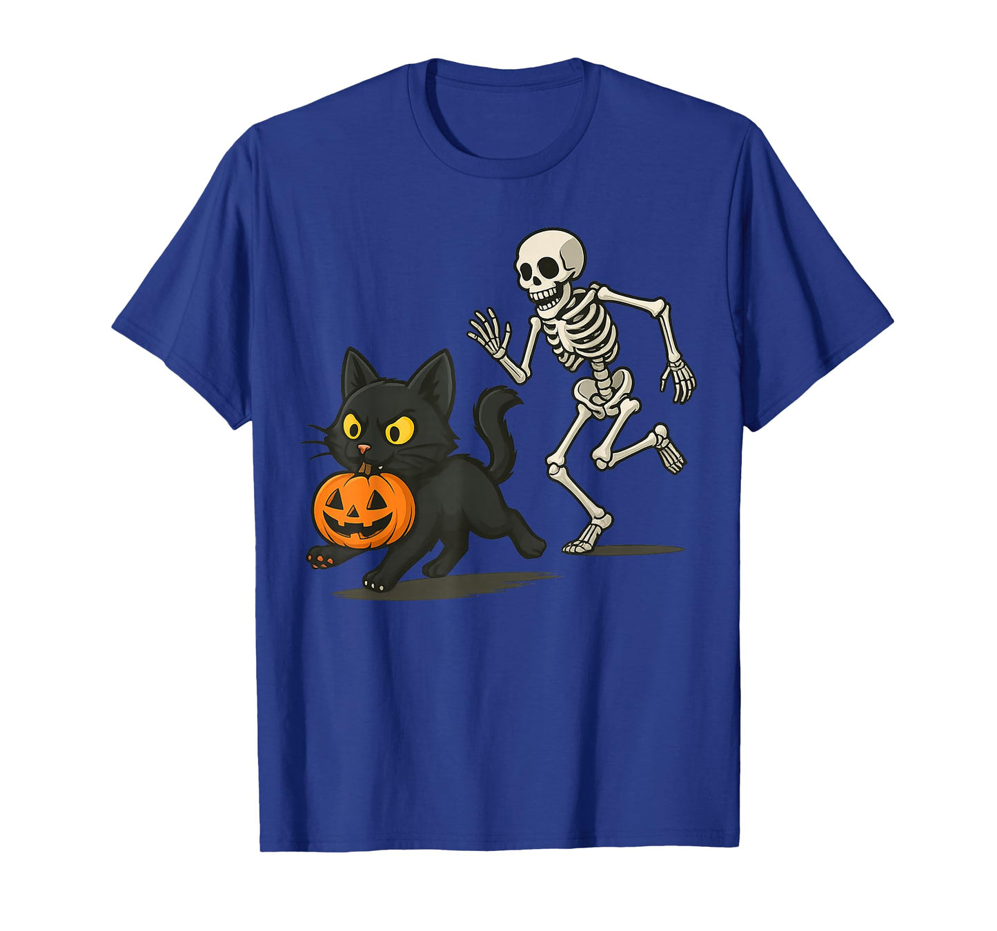 Funny Black Cat with Pumpkin and Skeleton Chase Design T-Shirt