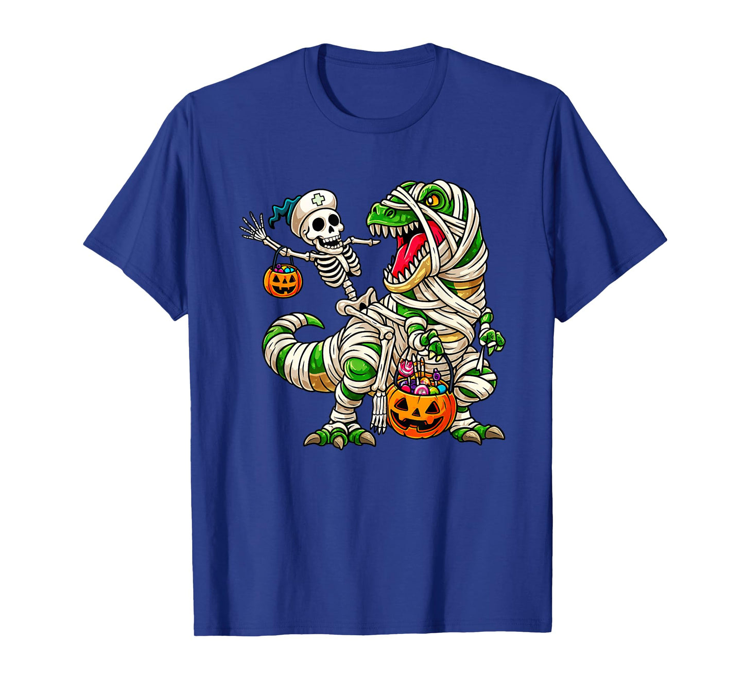 Skeleton Riding Mummy Dinosaur T rex Halloween Funny Pumpkin T-Shirt