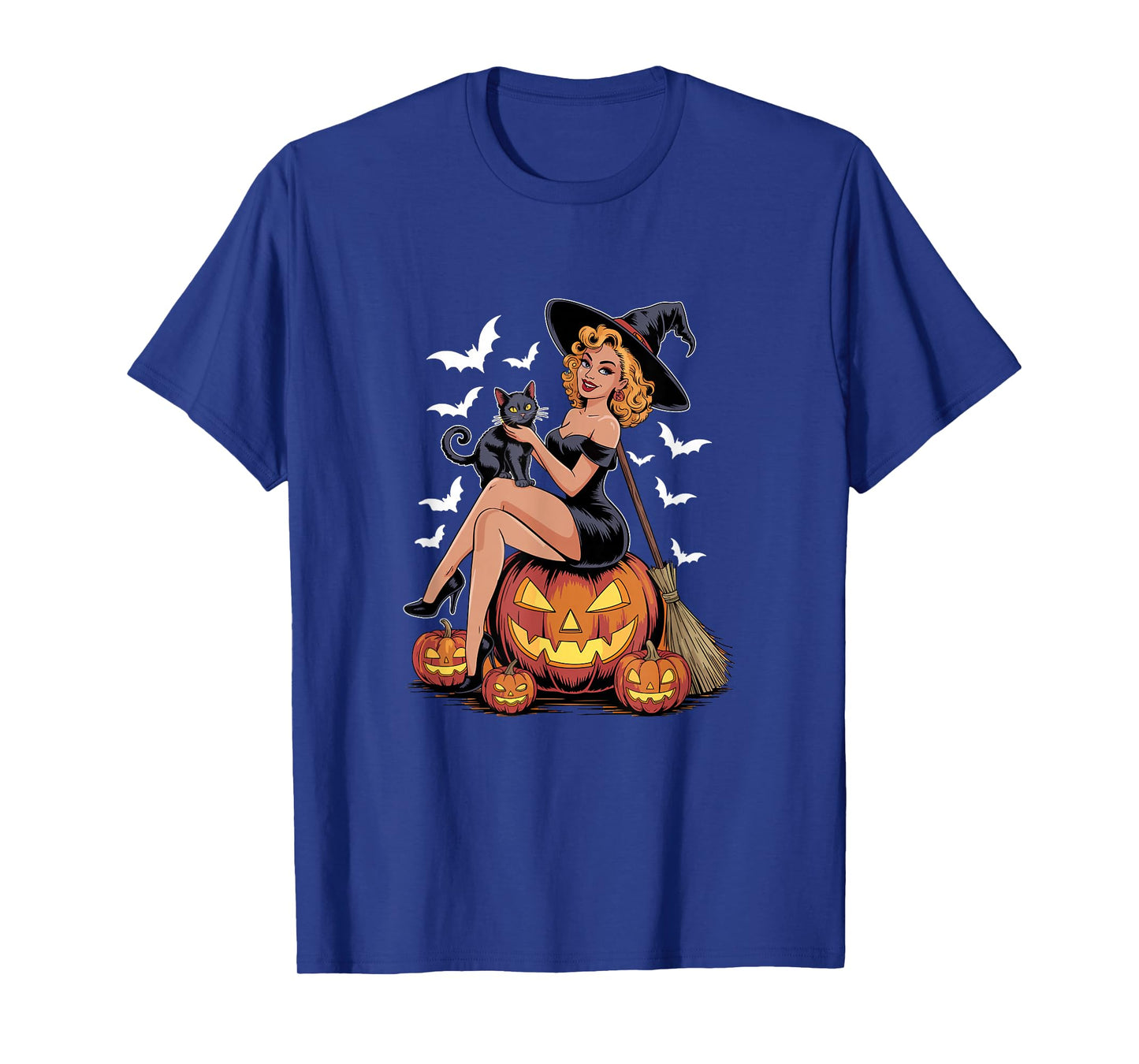 Witch On Horror Carved Pumpkins with Cat Halloween Women T-Shirt