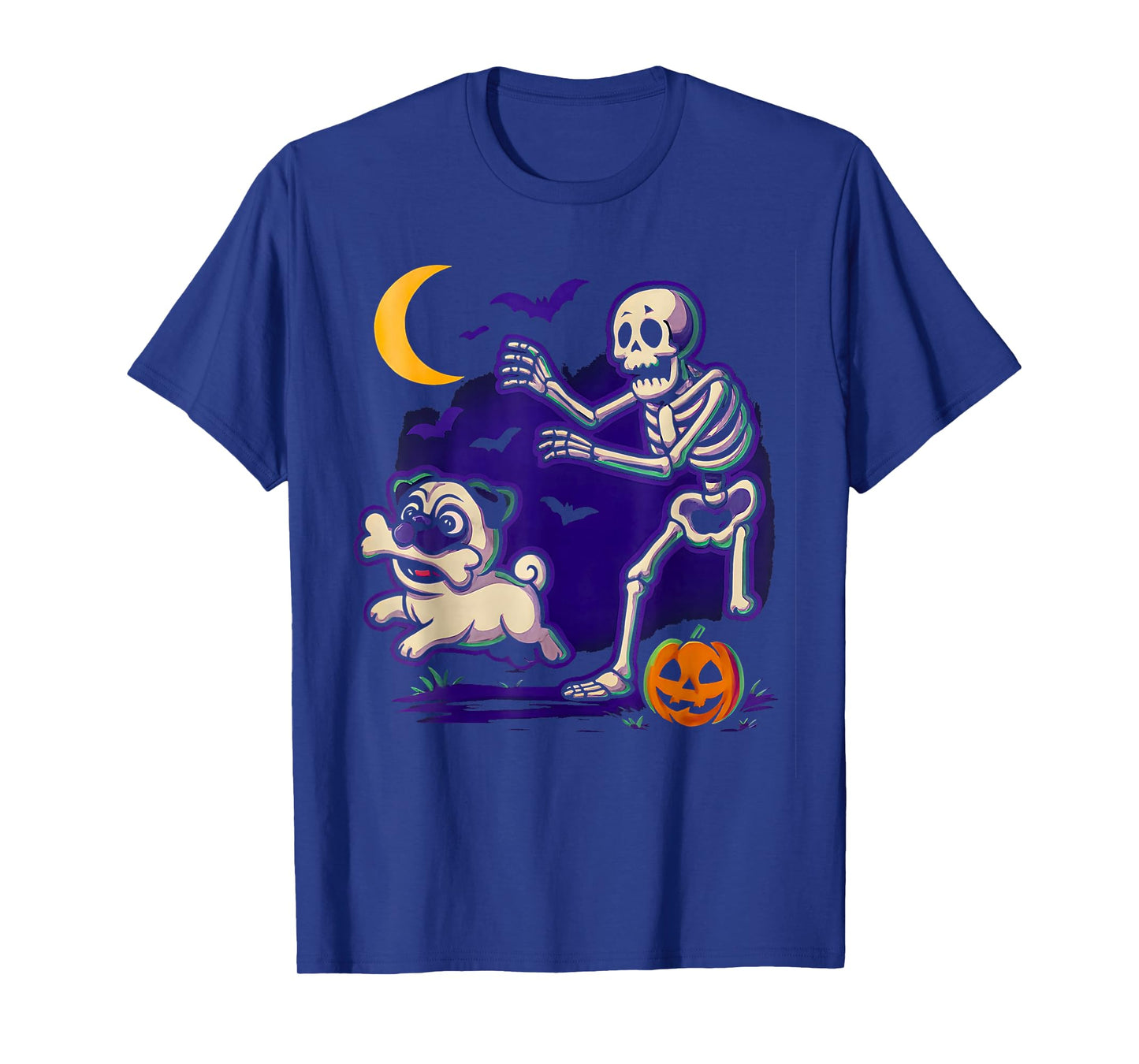 Halloween Funny Pug Steals Bone from Skeleton Dog Lovers Tee T-Shirt