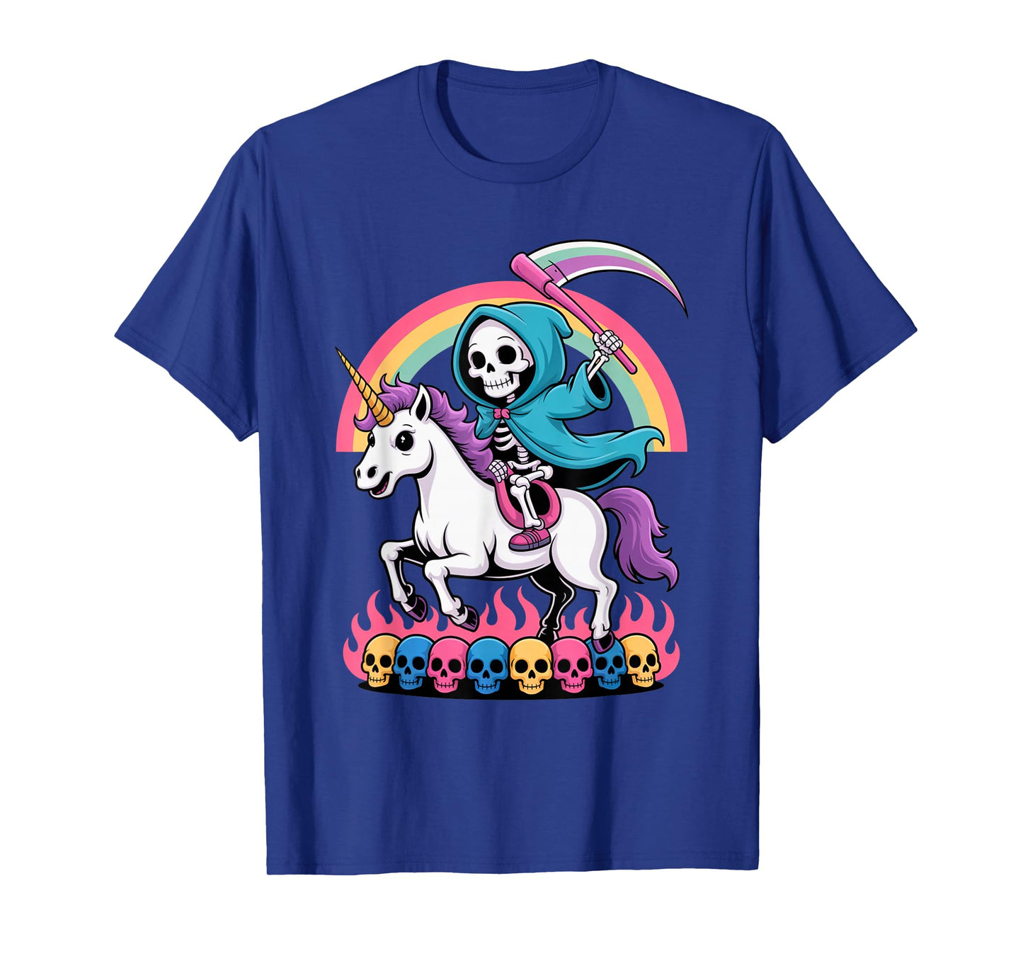Skeleton Riding Unicorn Rainbow Fantasy Spooky Outfit T-Shirt