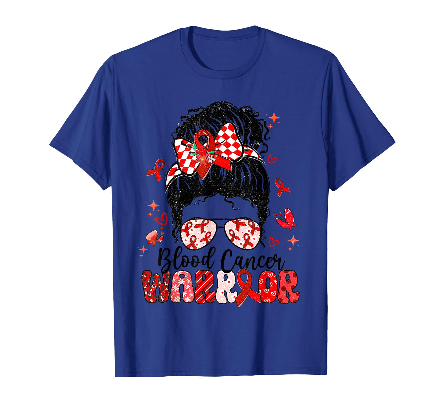 Warrior Messy Bun Red Ribbon Blood Cancer Awareness T-Shirt