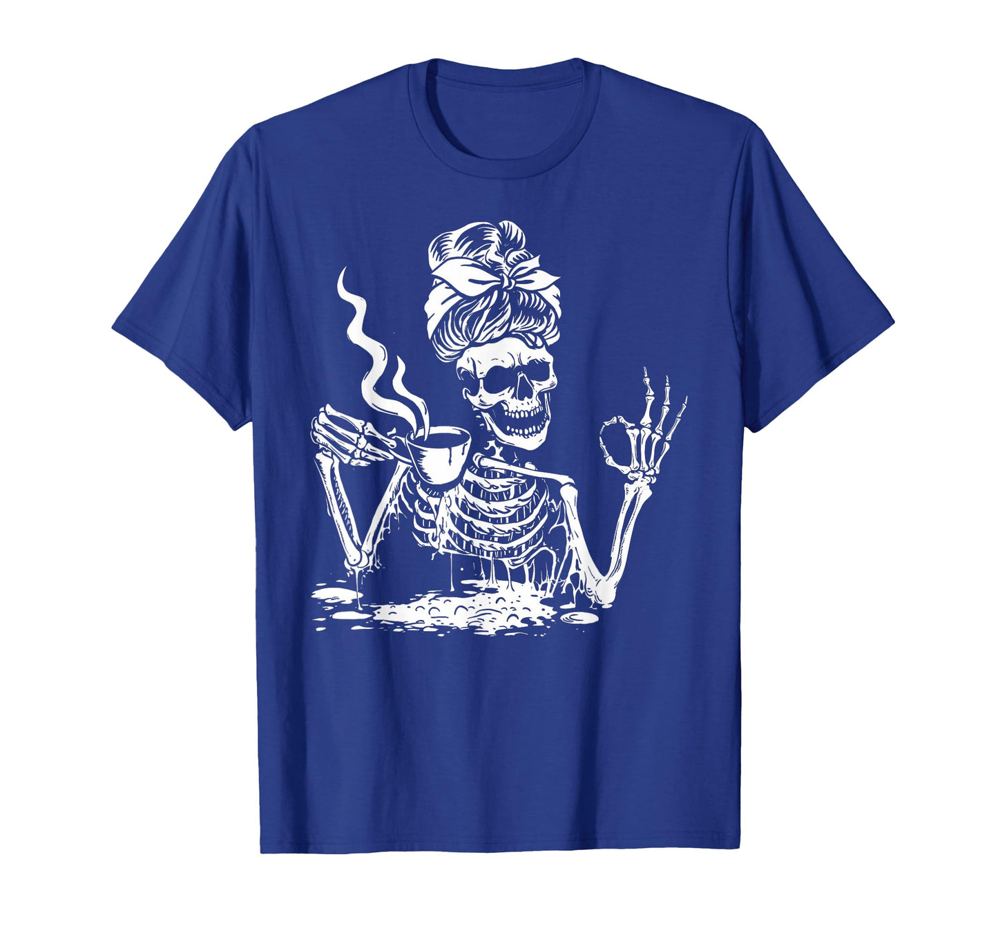 Skeleton Drinking Coffee Messy Bun Women Halloween Skeleton T-Shirt