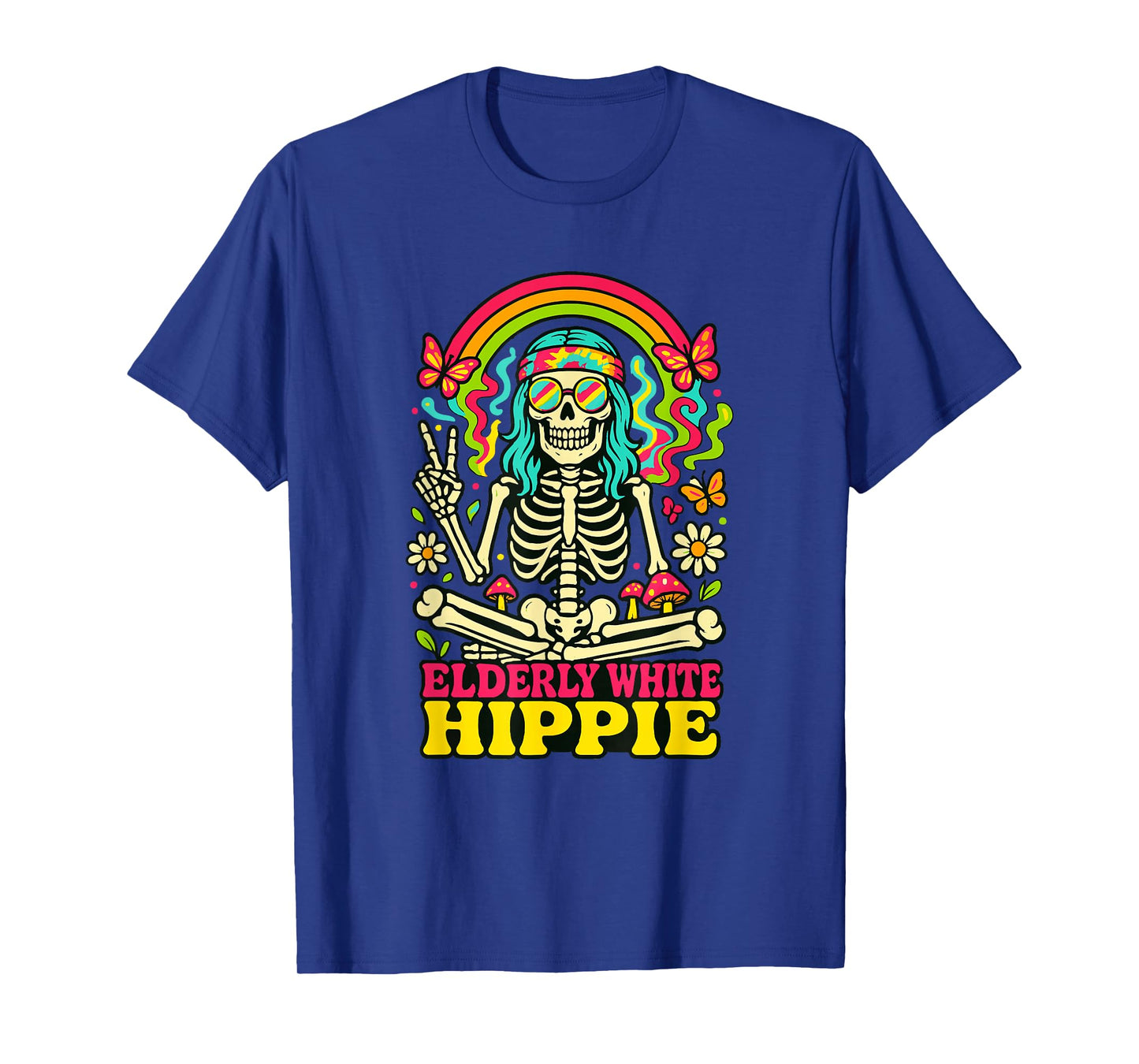 Elderly White Hippie Skeleton Rainbow Peace Sign Retro T-Shirt