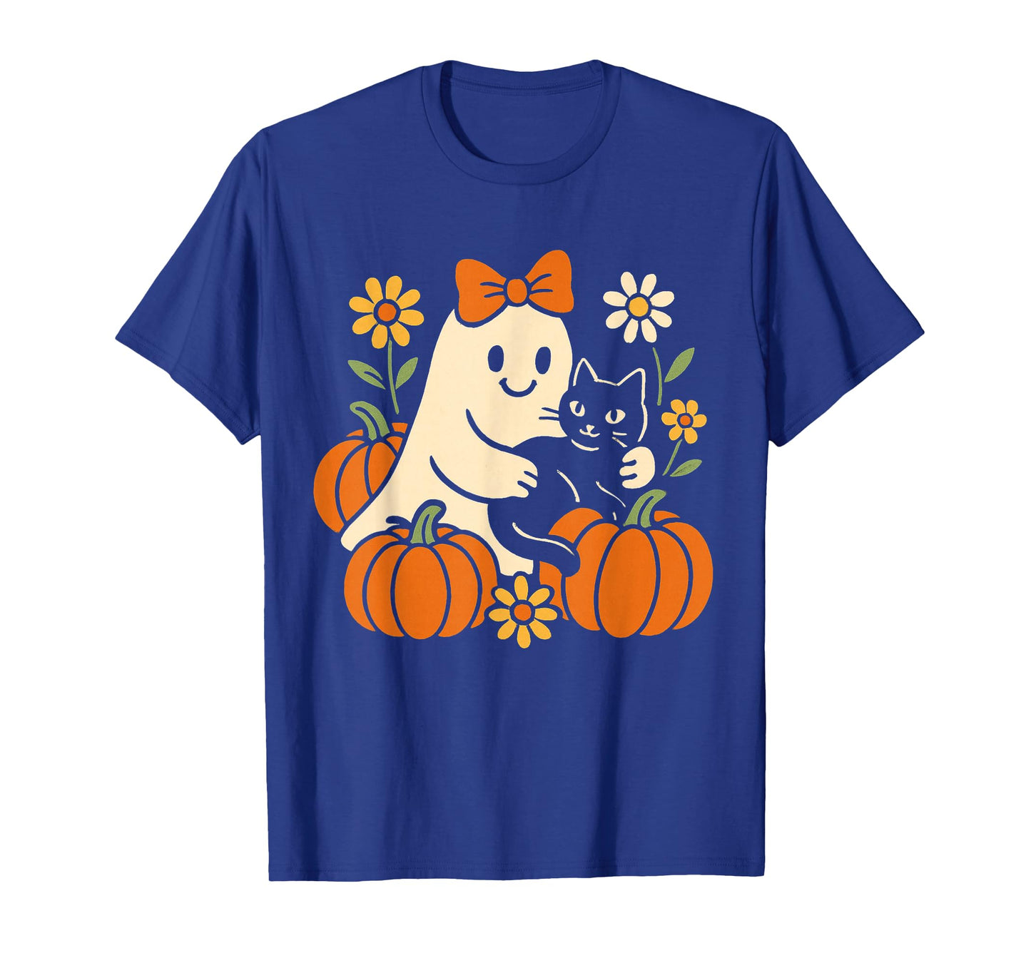 Vintage Halloween Ghost Holding Black Cat Groovy Floral T-Shirt