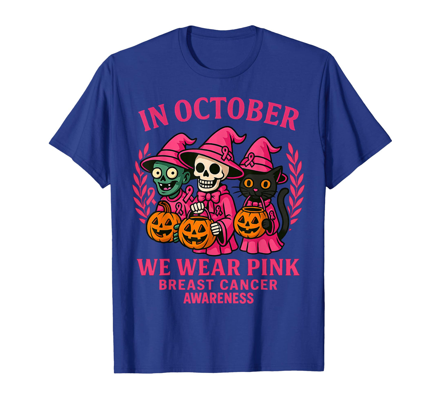 in October We Wear Pink Funny Zombie Skeleton & Black Cat T-Shirt