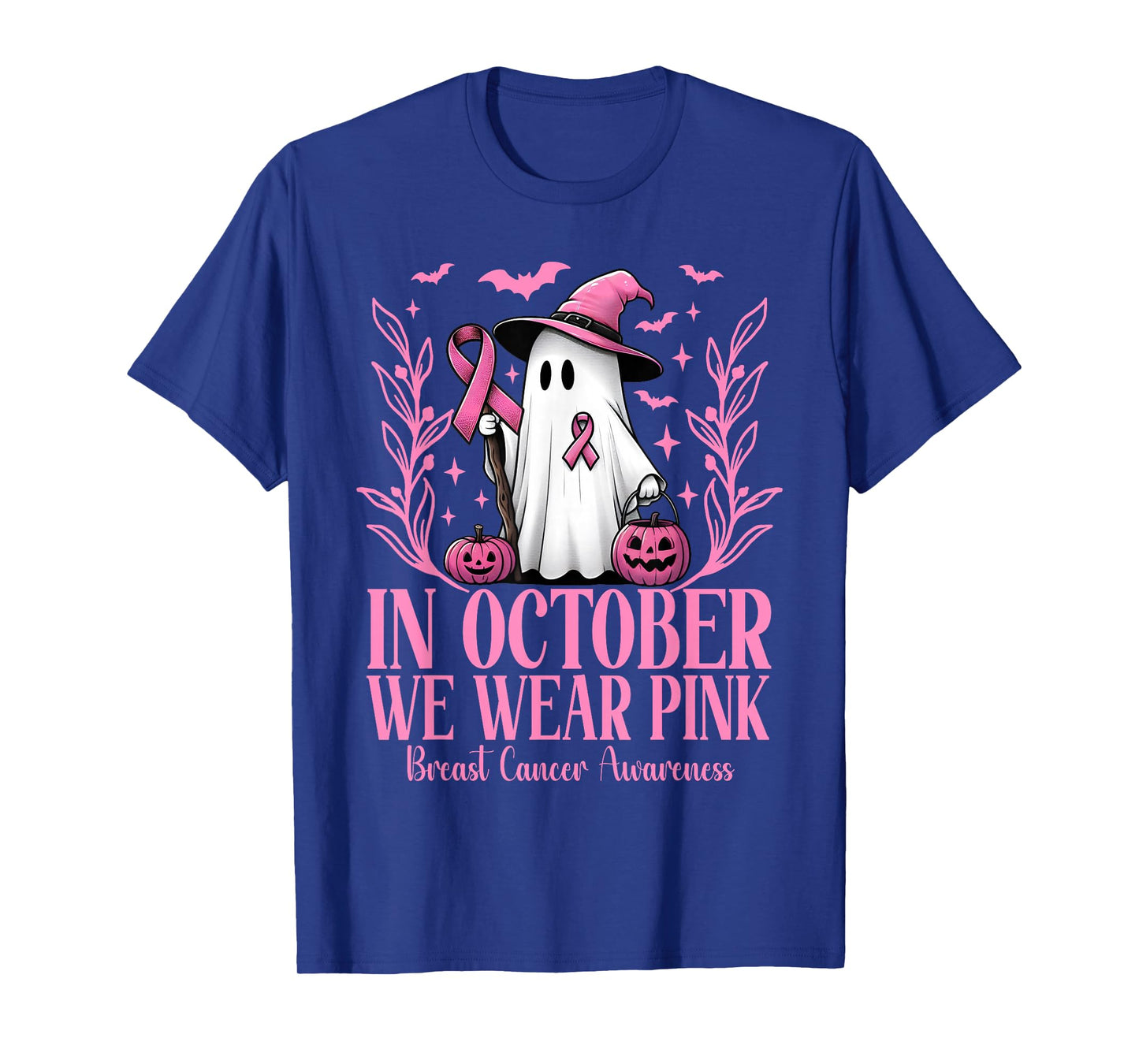 In October We Wear Pink Breast Cancer Witch Ghost Halloween T-Shirt