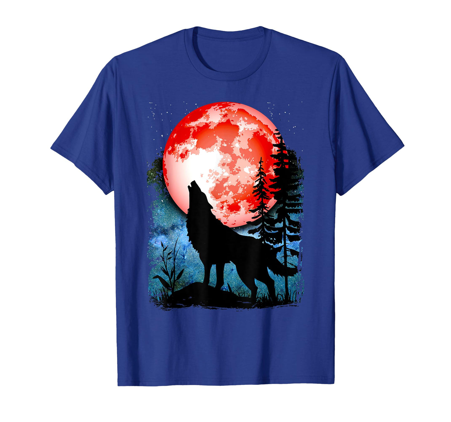 Wolf Howls Red Blood Moon Galaxy Star Night T-Shirt