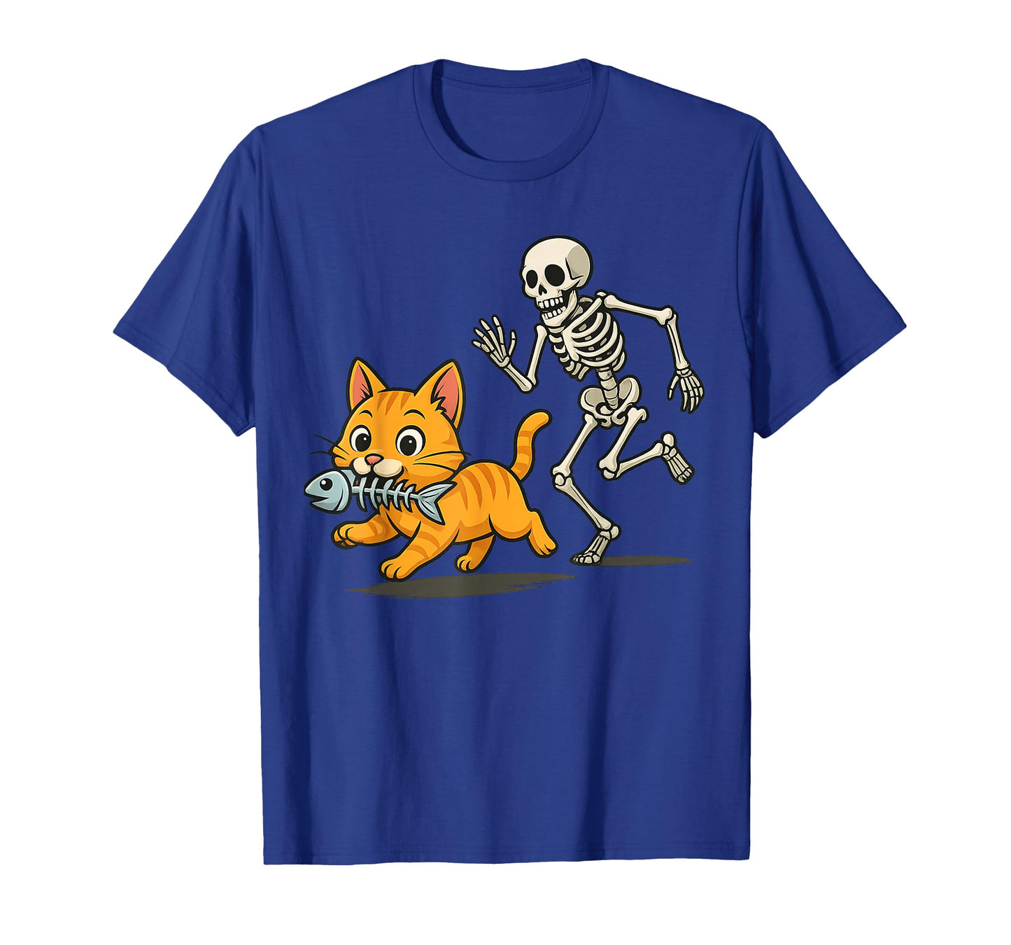 Funny Cat and Skeleton Chase Halloween Design for Pet Lovers T-Shirt