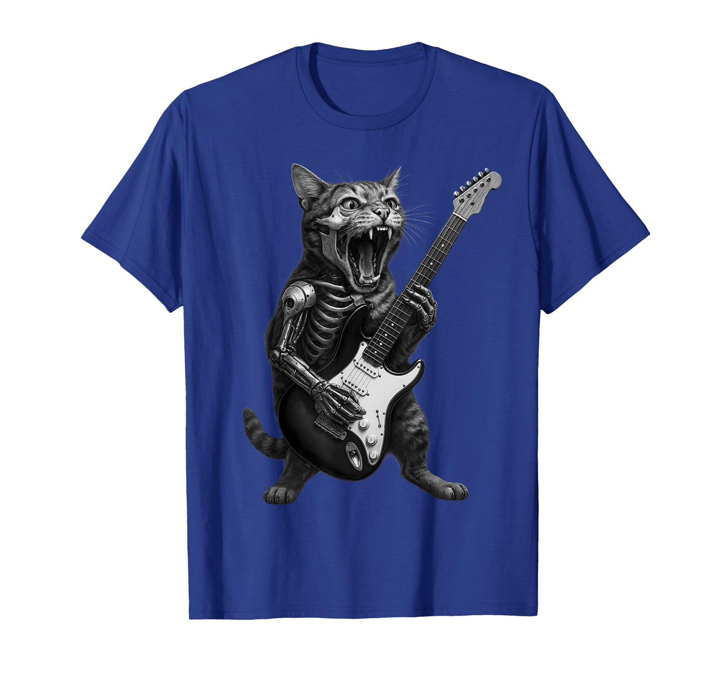 Cyborg Skeleton Cat Playing Guitar Rock and Roll Music Band T-Shirt